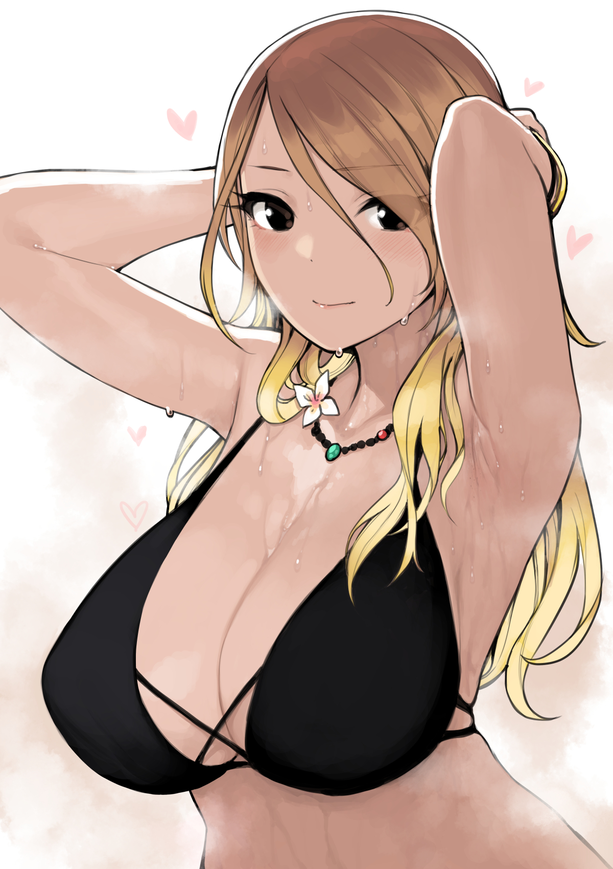 1girls, armpits, arms behind head, big breasts, bikini, black bikini, black eyes, blonde hair, blush, breasts, closed mouth, dot nose, eyes visible through hair, female, female only, flower, gradient hair, gyaru, halterneck, hands up, heart, highres, idolmaster, idolmaster shiny colors, izumi mei, jewelry, large breasts, long hair, looking at viewer, multicolored hair, necklace, smile, solo, solo female, steaming body, sunaba suzume, sweat, sweaty, swimsuit, tan, tan skin, upper body, wet, white flower