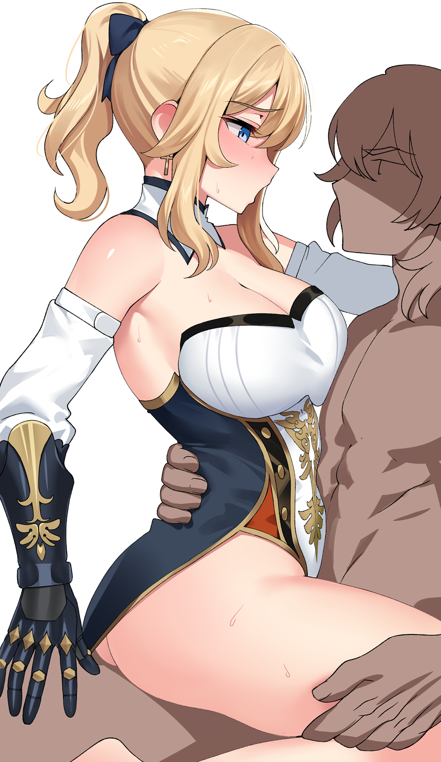 1boy ass black_ribbon blonde_hair blue_eyes blush bottomless breasts cleavage clothed_female_nude_male commentary_request detached_collar detached_sleeves diluc_(genshin_impact) earrings eye_contact eyebrows_visible_through_hair female gauntlets genshin_impact hair_ribbon highres jean_gunnhildr jewelry large_breasts looking_at_another male ndgd nude ponytail profile ribbon sex shirt sidelocks simple_background solo_focus straddling straight sweat upright_straddle white_background