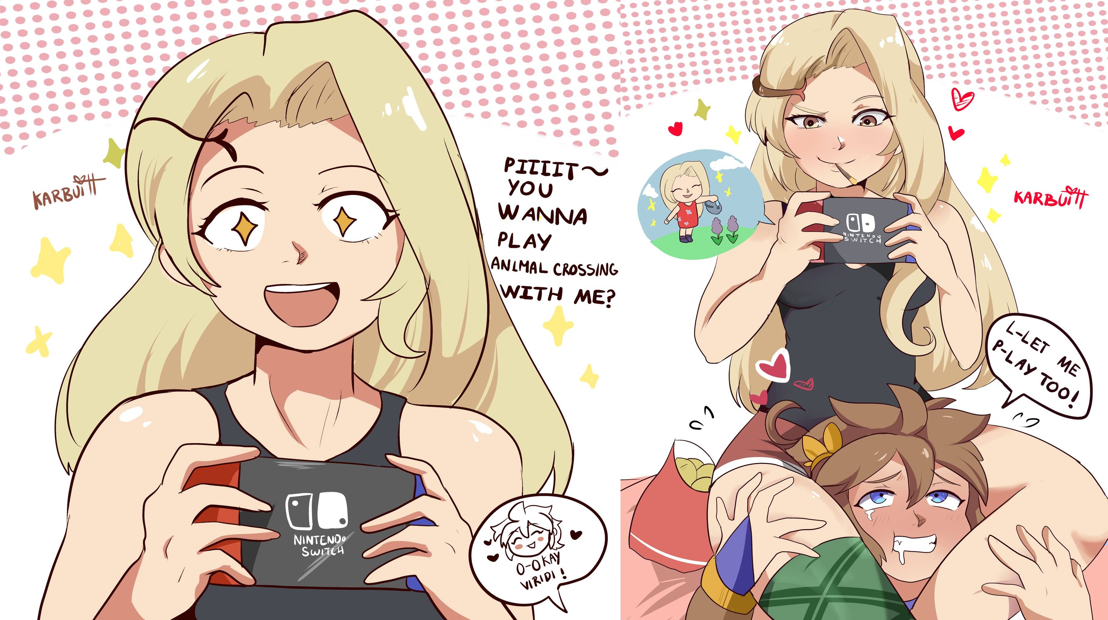 1boy, 1girls, 2020, 2koma, absurd res, angel, animal crossing, artist name, bag, bare arms, bare shoulders, between legs, blonde hair, blue eyes, blush, bracelet, breasts, brown hair, chibi, chips, clenched teeth, clothed, clothing, comic, crossed legs, diadem, dialogue, english text, eyebrows visible through hair, female, femdom, flying sweatdrops, food, goddess, hair between eyes, hair ornament, hand on leg, head between thighs, heart, highres, holding object, inviting, karbuitt, kid icarus, laurel crown, long hair, male, malesub, matching hair/eyes, mouth hold, nintendo, nintendo switch, only player, open mouth, pit (kid icarus), pokies, short hair, shorts, signature, single thighhigh, sitting, small breasts, smile, sparkle, sparkling eyes, speech bubble, spoken heart, sweat, sweatdrop, symbol-shaped pupils, tears, teeth, text, thick thighs, thighhighs, thighs, tongue, video games, viridi, yellow eyes