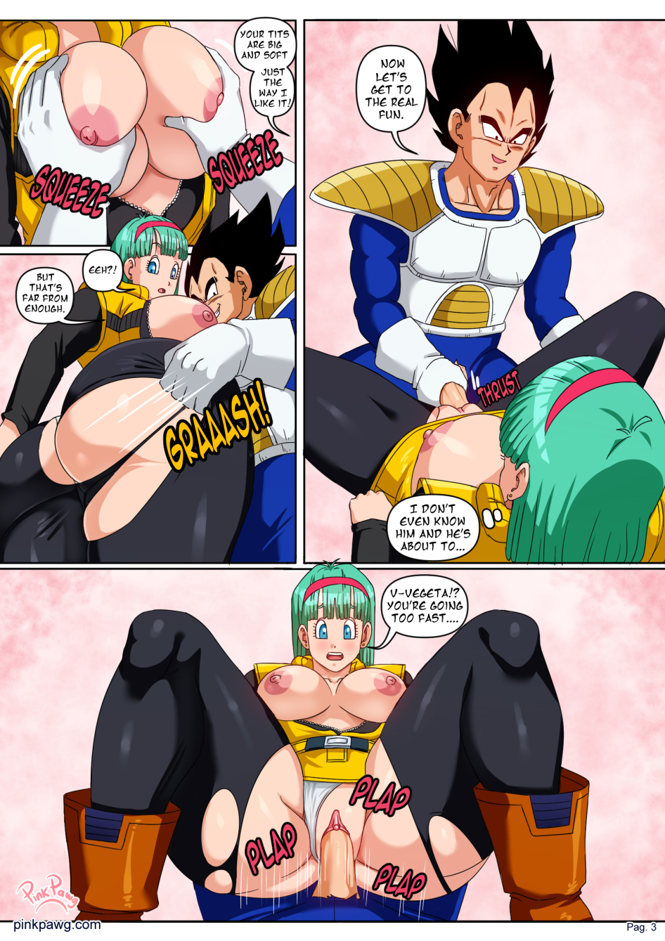 1boy, 1girls, ass, big ass, big breasts, blue eyes, blue hair, boots, breast grab, breasts, breasts out, bulma briefs, bulma briefs (frieza saga), clothed sex, comic, cowgirl position, dragon ball, dragon ball z, earrings, english text, female, light skin, light-skinned female, light-skinned male, male, nipples, penis, pinkpawg, pussy, ripped clothing, ripped pantyhose, sex, shounen jump, vagina, vaginal, vaginal penetration, vaginal sex, vegeta