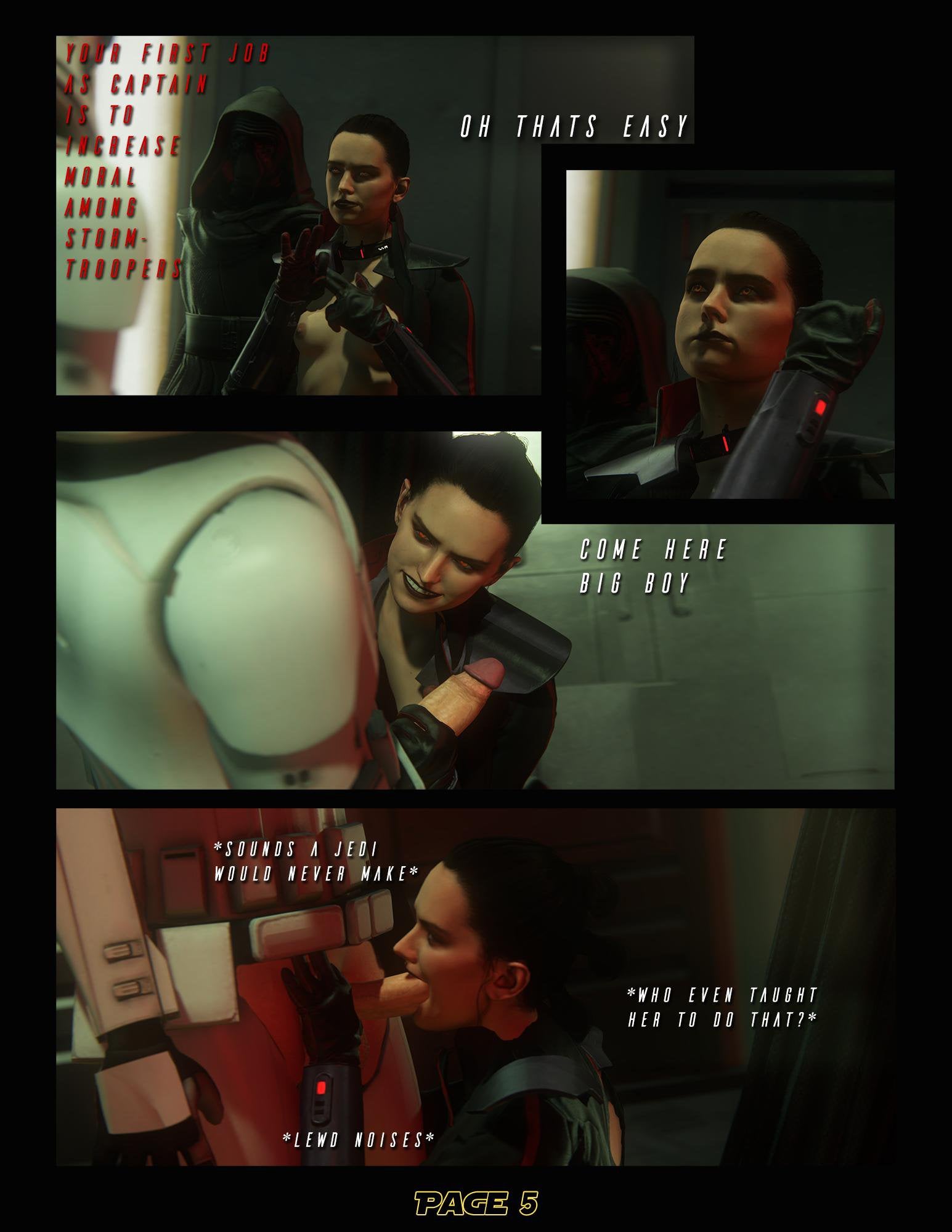 1girls, 3d, black hair, black lipstick, blowjob, captured, daisy ridley, deepthroat, deepthroat smile, dialogue, english text, evil smile, eye contact, eyeshadow, female, gagged speech, imminent sex, kneeling, naughty face, oral, orange eyes, pale skin, rey, sith rey, skinny, slim, smile, smuttilo, star wars, stormtrooper, sweat, text, throat noise, throat penetration, tied hair