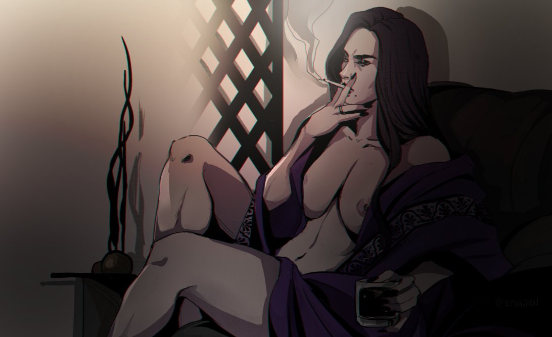 areolae black_eyeshadow black_hair black_nails breasts cigarette collarbone cup erosyiren female female_only leggings long_hair medium_breasts mug nipples open_robe original original_character plant relaxing ring robe sitting smoke smoking solo solo_female