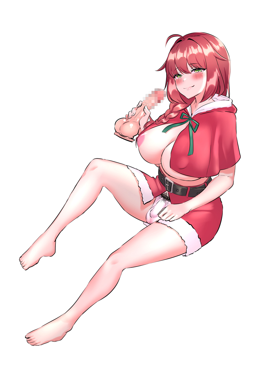 1futa, barefoot, big breasts, breasts, bulge, busty, christmas, curvy, dildo, embarrassed, feet, flaccid, futa only, futanari, green eyes, holding dildo, holding object, inarimochi, intersex, legs, mep phy01, noritsuki keiko, panties, penis, red cheeks, red hair, santa costume, small penis, solo, thick