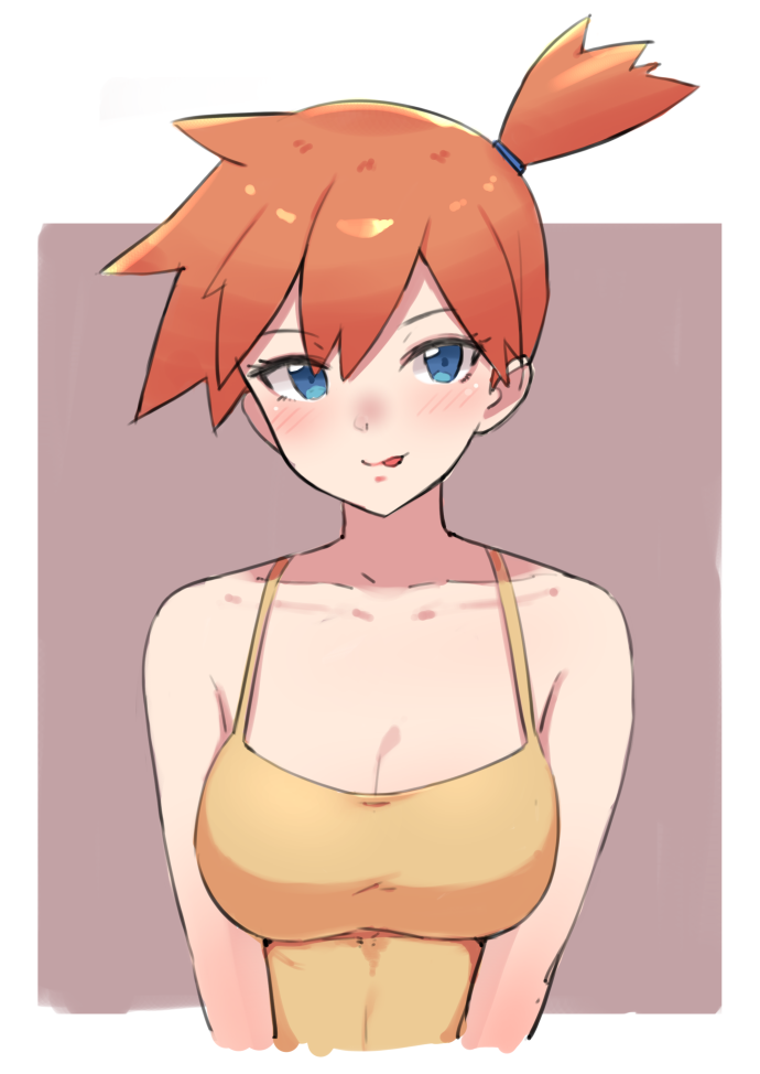 :p asymmetrical_hair bangs blue_eyes blush breasts camisole clavicle cleavage clothed clothing eyelashes female hair_tie kasumi_(pokemon) looking_at_viewer medium_breasts misty_(pokemon) nintendo ocagemono orange_hair pokemon pokemon_rgby ponytail short_hair side_ponytail smile solo tied_hair tongue tongue_out two-tone_background upper_body yellow_camisole