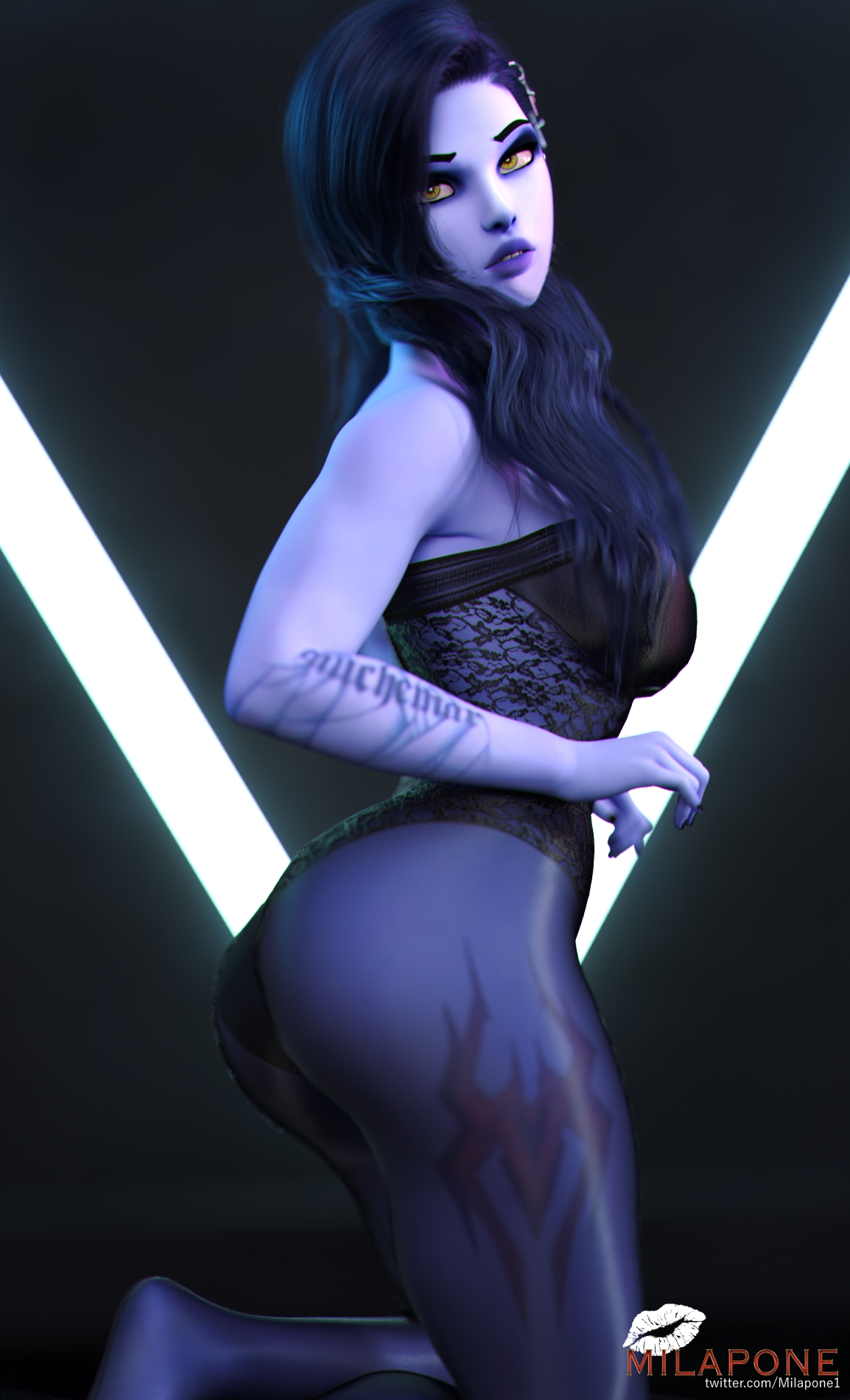 3d, ass, blue hair, blue skin, curvy, female, legs, milapone, overwatch, pantyhose, widowmaker, yellow eyes