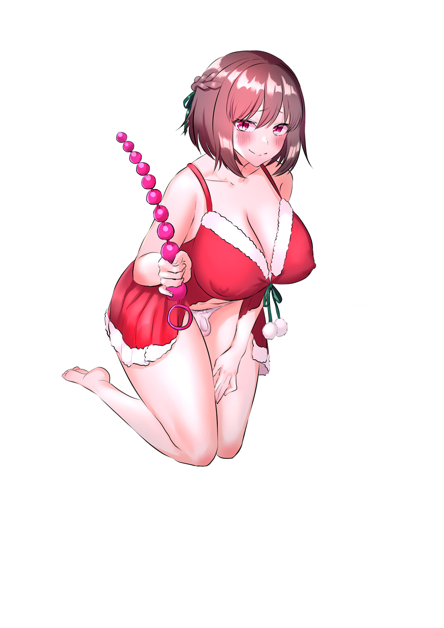 1futa, anal beads, big breasts, breasts, bulge, busty, christmas, curvy, dress, embarrassed, feet, flaccid, futa only, futanari, holding object, inarimochi, intersex, kneeling, legs, looking at viewer, mep phy01, micropenis, nipples, nipples visible through clothing, panties, penis, red cheeks, santa costume, shy, sibuki rei, small penis, solo, thick, thick thighs, thighs, toes, wide hips