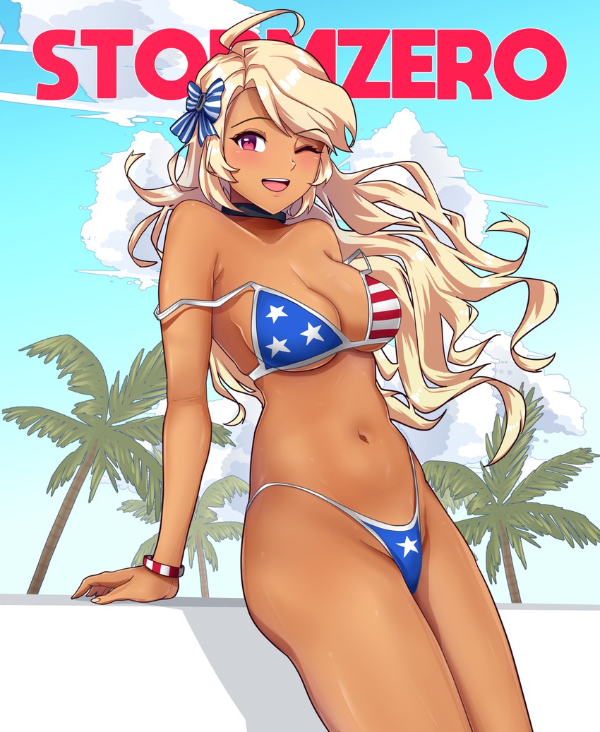 1girls american_flag american_flag_bikini azur_lane bikini blonde_hair breasts brooklyn_(azur_lane) choker highleg_bikini medium_breasts red_eyes stormzero tan_skin