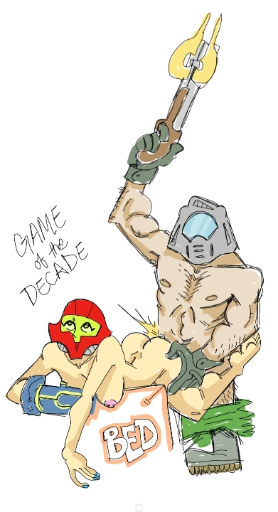 1boy 1girls arm_cannon armor boots crossover doom doom_slayer_(doom) double-barreled_shotgun eastern_and_western_character female firearm gloves helmet helmet_with_visor male metroid naked nintendo pants_down samus_aran sex shotgun sketch super_shotgun varia_suit_helmet weapon white_background