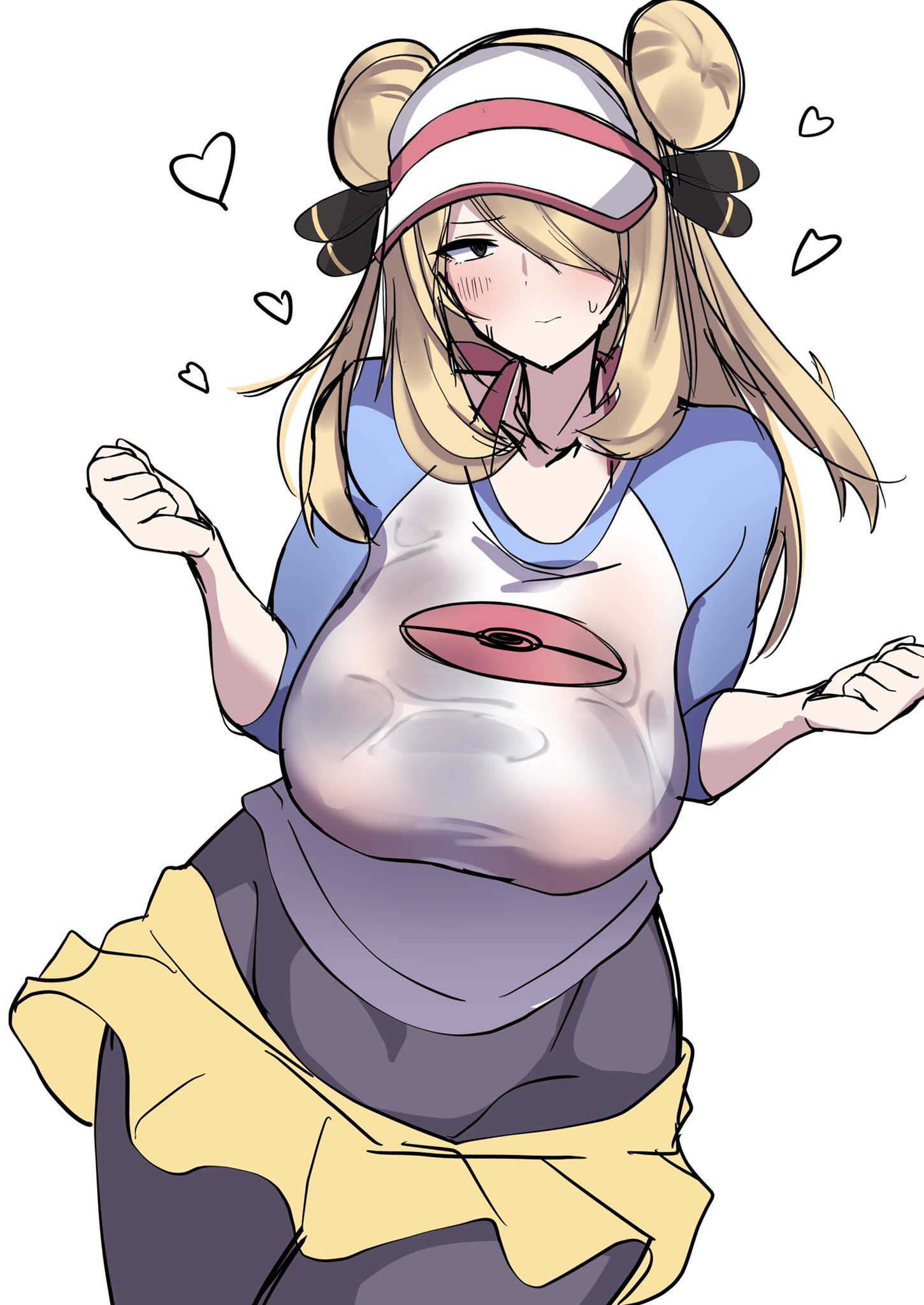 1girls, blonde, blonde female, blonde hair, blush, breasts, cap, cosplay, cute, cynthia (pokemon), female, female only, heart, huge breasts, human only, milf, nervous, one eye covered, pokemon, pokemon bw2, pokemon champion, pokemon dppt, rosa (pokemon) (cosplay), ryouten9, skirt, thick, thick thighs, wet, wet clothes, wet shirt