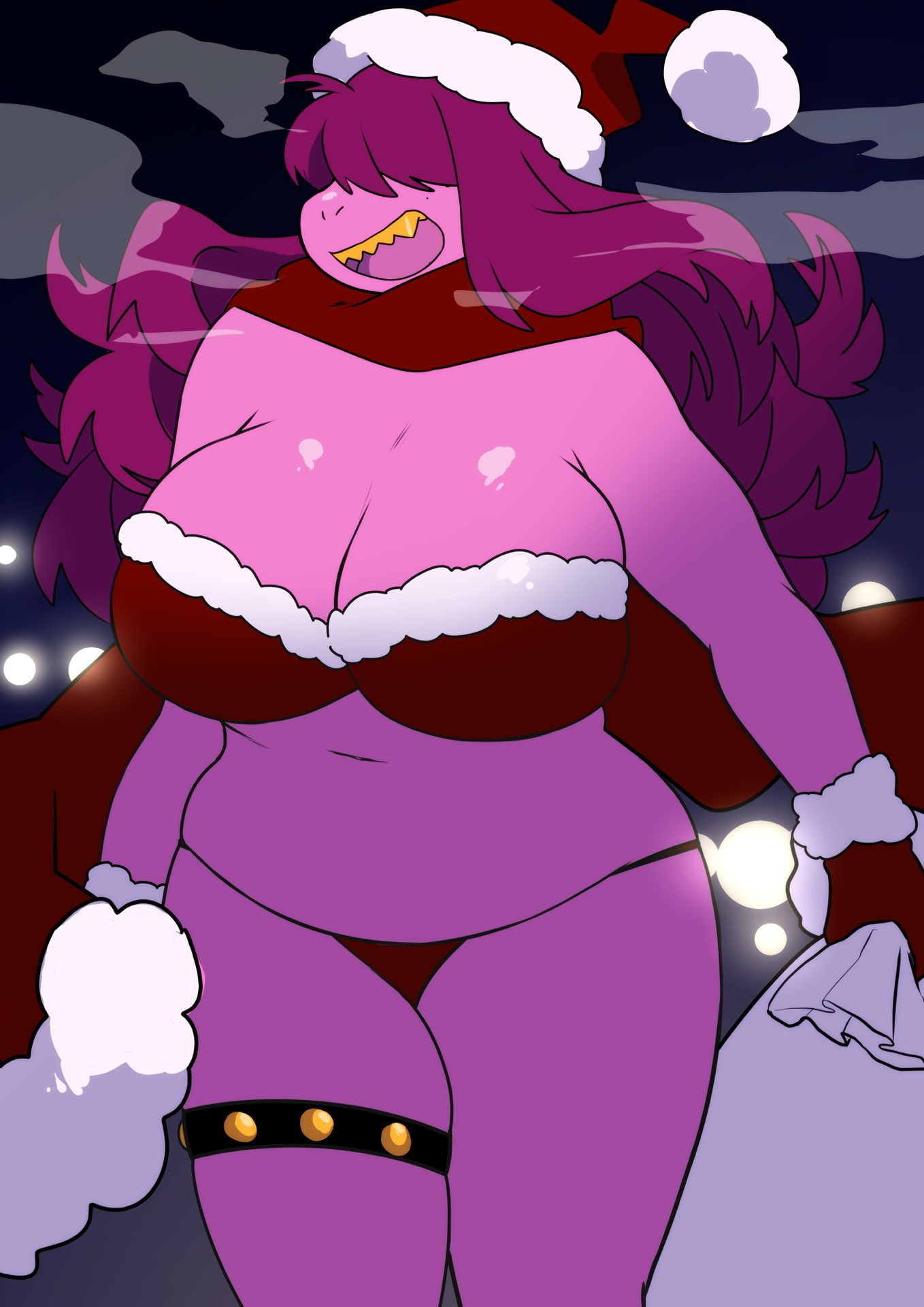 1girls, 2020, absurd res, anthro, anus, ass, big ass, big breasts, blush, breasts, christmas, claws, cleavage, clothed, clothing, cute, cute fang, deltarune, female, fluffy, fluffy tail, fur, furry, hair, hair between eyes, happy, heart, hi res, long hair, looking at viewer, looking down, mammal, nipples, open mouth, panties, purple body, purple fur, pussy, reptile, revealing clothes, sharp teeth, skimpy, solo, susie (deltarune), sweat, tail, teeth, tongue, tongue out, underchikichan, undertale (series), wet