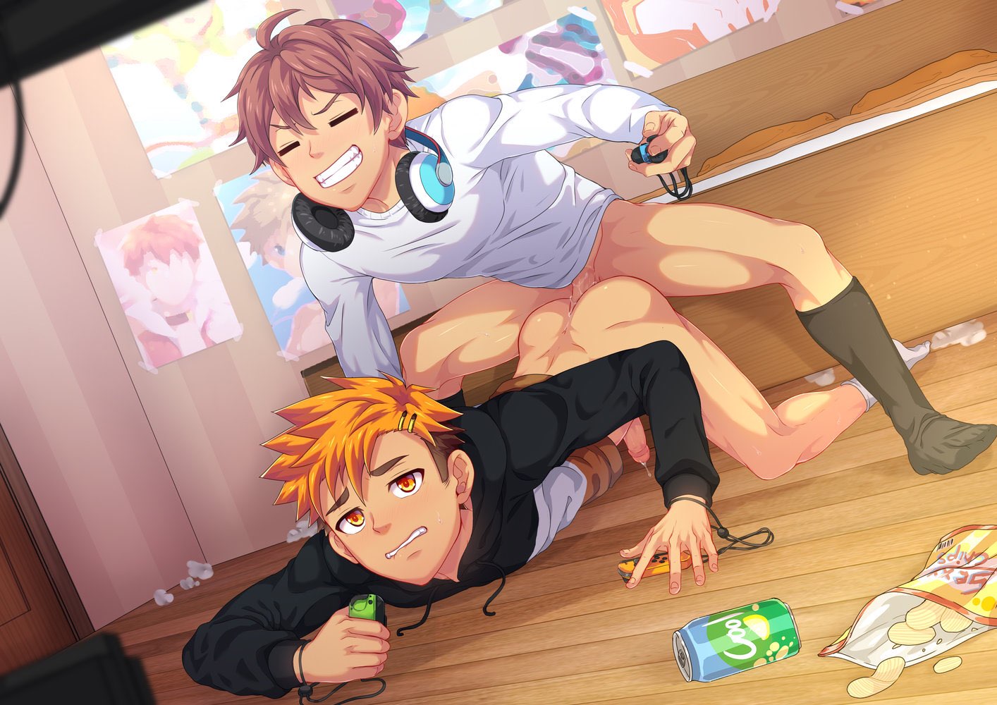 2boys, anal sex, boy, brown hair, camp buddy, closed eyes, domination, gay, headphones, hiro akiba, male, male only, multiple boys, multiple males, seto, shintaro 'seto' aihara, switch, taken from behind, thrusting into ass, yaoi