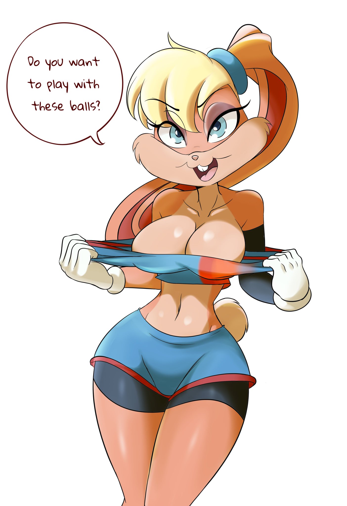:3, anthro, breasts, bunny, english text, female, implied sex, inviting, inviting to sex, lola bunny, looney tunes, lucyfercomic, presenting, presenting breasts, rabbit, sexually suggestive, shirt lift, space jam, space jam: a new legacy, suggestive, text, warner brothers