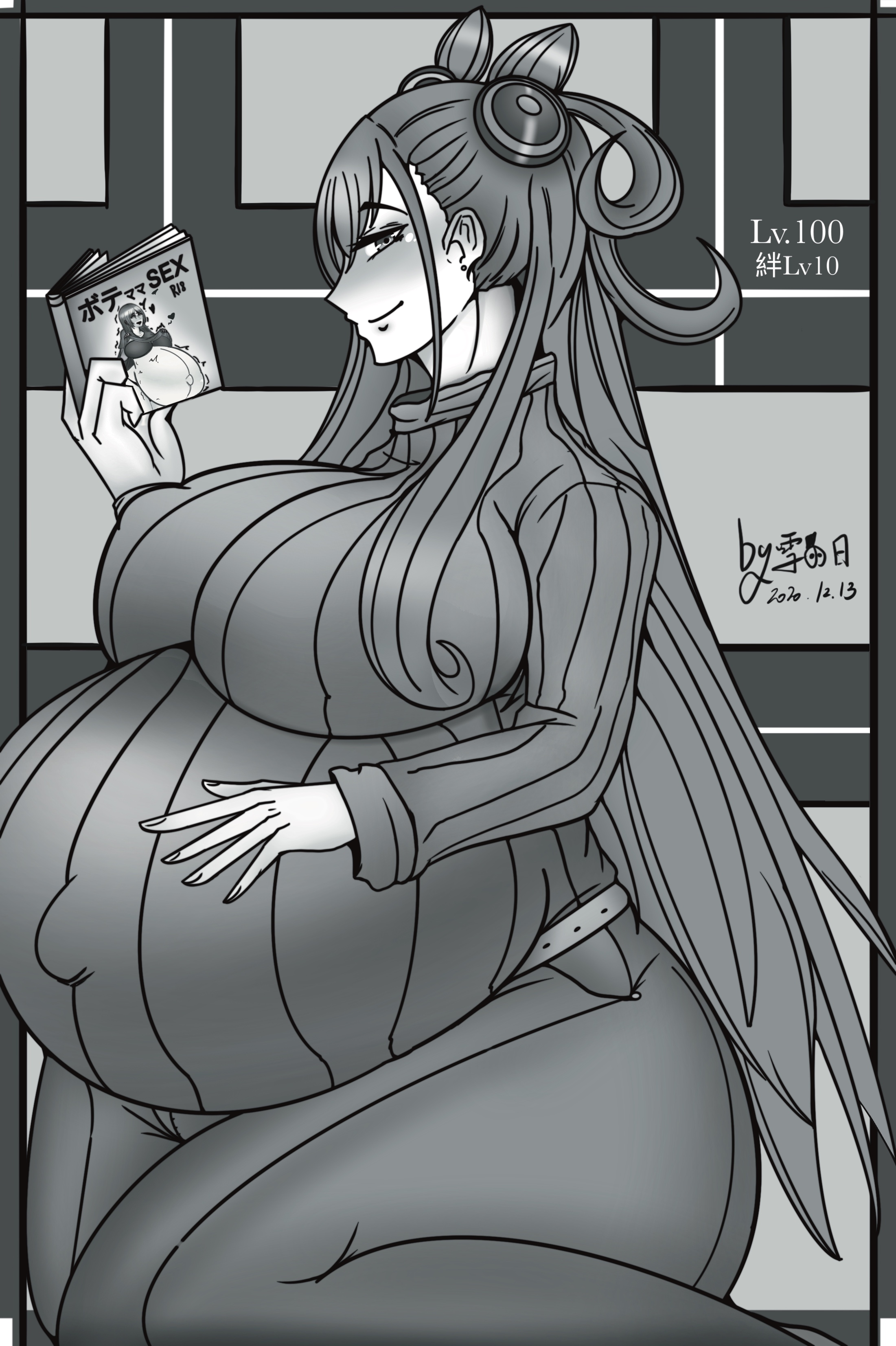 1girls, artist signature, ass, belly overhang, big ass, big belly, big breasts, big butt, big thighs, breasts, clothed, clothed female, fate (series), fate/grand order, female, fully clothed, grey background, greyscale, hair ornament, hand on stomach, holding book, holding object, hyper pregnancy, jeans, kneeling, long hair, looking at viewer, murasaki shikibu (fate), murasaki shikibu (swimsuit rider) (fate), pregnancy, pregnant, reading, reading book, smiling, smiling at viewer, sweater, thick thighs, turtleneck, turtleneck sweater