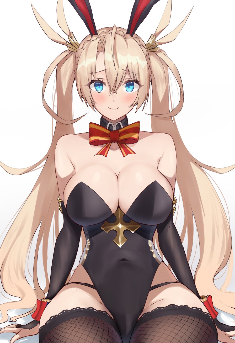 blonde hair, blue eyes, blush, bow, bradamante (fate), breasts, bunny girl, bunnysuit, cleavage, fate (series), fate/grand order, female, large breasts, long hair, smile, twintails