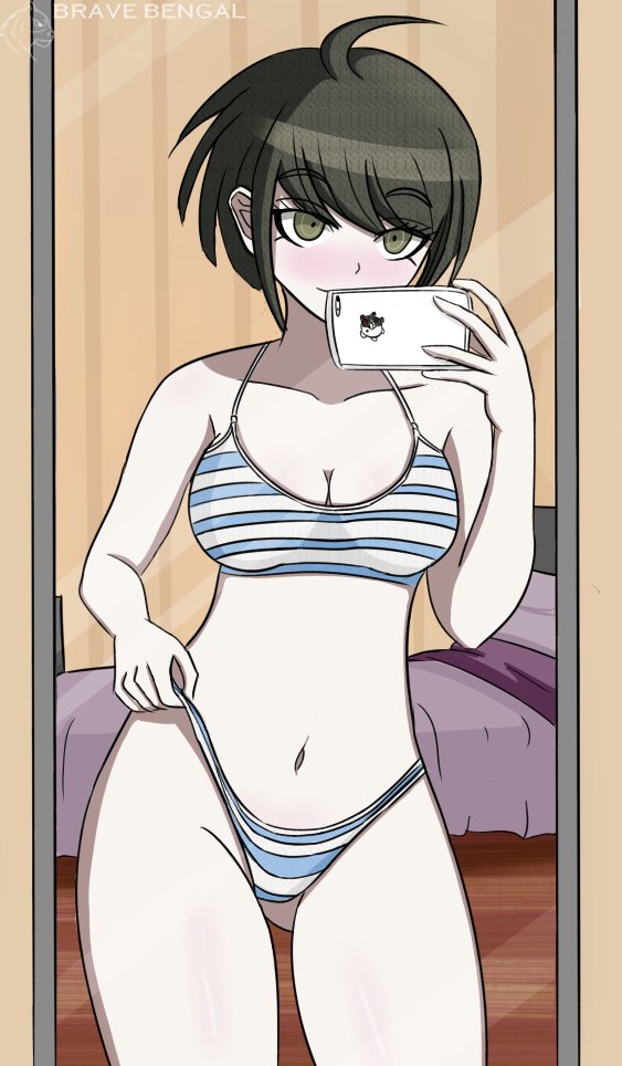 ball_monokuma blush bra bravebengal danganronpa danganronpa_ultra_despair_girls female female_protagonist monokuma naegi_komaru panties panty_pull phone straight_hair underwear zettai_zetsubou_shoujo