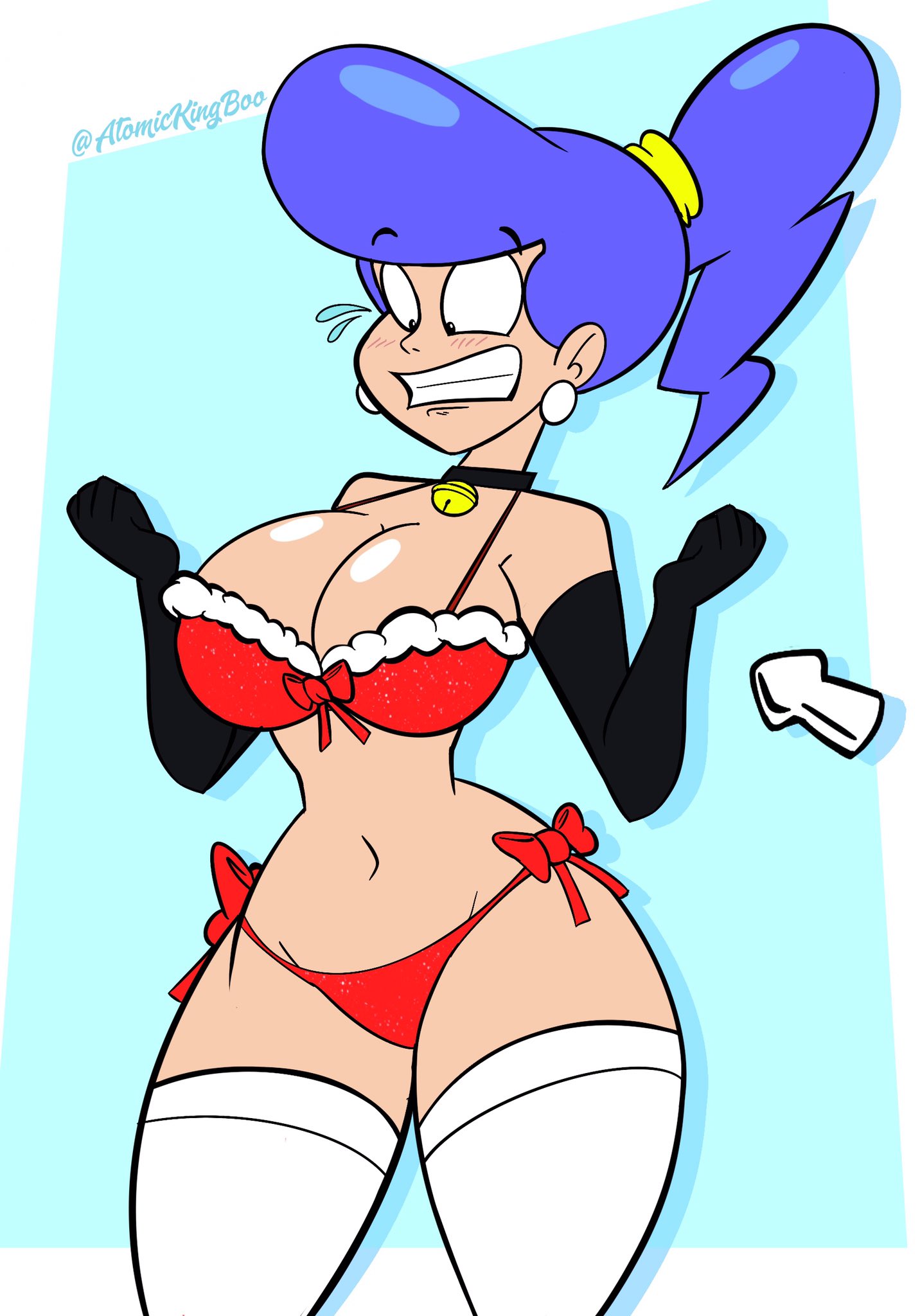 1girls, 2020, atomickingboo, bare legs, becky brightly, bell choker, big breasts, big thinkers, black choker, black gloves, blue hair, breasts, busty, choker, christmas, cleavage, cursor, earrings, elbow gloves, eyebrows visible through hair, female, female focus, female only, gloves, hips, large breasts, legs, legwear, light skin, light-skinned female, navel, ponytail, shiny skin, solo, standing, thigh highs, thighhighs, thighs, white legwear, wide hips