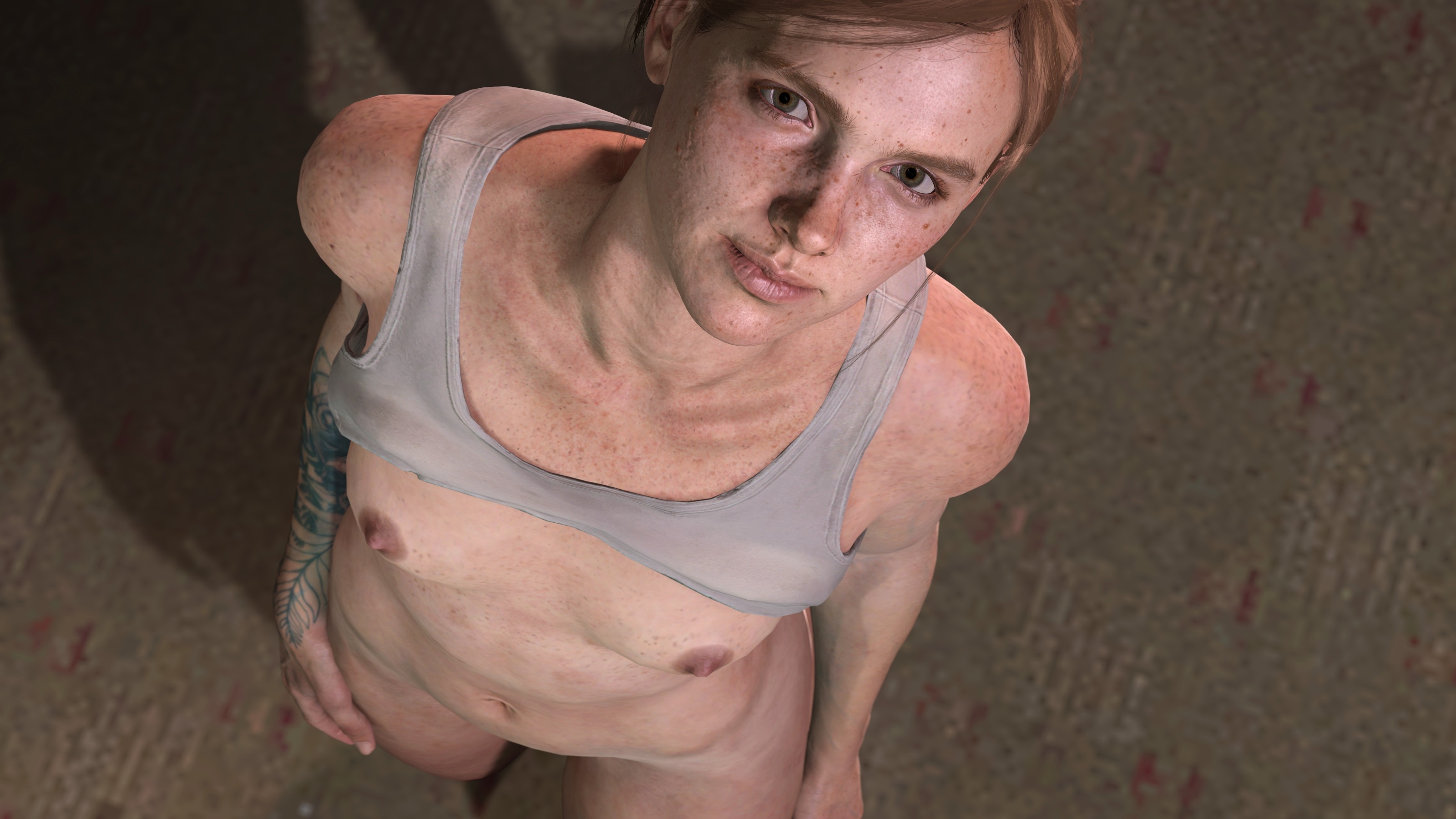 1girls, 3d, 3d (artwork), above view, arm tattoo, brown hair, caucasian, cute, edjm, ellie (the last of us), ellie williams, eyebrow cut, eyebrow slits, female, female focus, female only, freckles, ginger, green eyes, light skin, light-skinned female, naughty dog, nude, pale skin, pale-skinned female, petite, ponytail, seductive eyes, seductive look, short hair, skinny, solo, source filmmaker, tattoo, tattoo on arm, tattooed arm, teenager, the last of us, the last of us 2, tied hair, tomboy