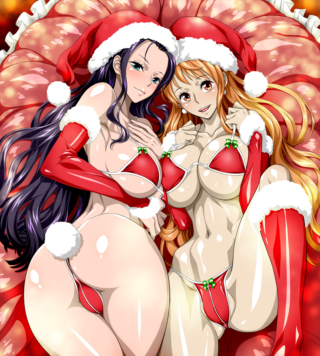 2girls, ass, bad anatomy, big breasts, black hair, black-haired female, blue eyes, blush, boobs and butt pose, bow, breast to breast, breasts, bubble ass, bubble butt, bunny tail, christmas, christmas outfit, female, female focus, female only, female/female, large breasts, lesbian, long hair, looking at viewer, looking pleasured, looking up, multiple females, multiple girls, nami (one piece), nel-zel formula, nico robin, one piece, open mouth, orange eyes, orange hair, orange-haired female, post-timeskip, santa costume, santa hat, underwear, yuri