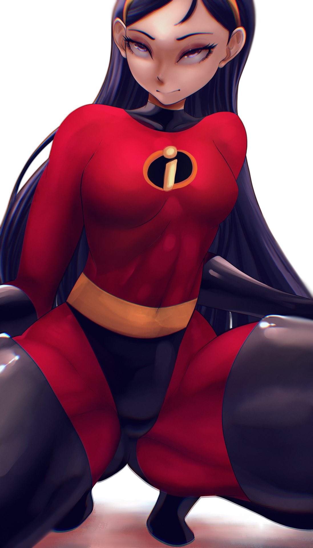 1girls bodysuit breasts clothing disney long_hair lyn_nyl pixar red_bodysuit solo spread_legs straight_hair the_incredibles violet_eyes violet_hair violet_parr white_background