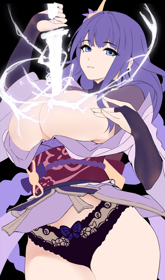 1girls between_breasts black_panties breasts bug butterfly elbow_gloves female genshin_impact gloves hand_on_breast hand_on_own_chest japanese_clothes kimono kimono_pull kimono_removed large_breasts lightning lingerie looking_at_viewer panties partially_undressed purple_eyes purple_hair raiden_shogun smile sword sword_between_breasts toyoman underwear weapon