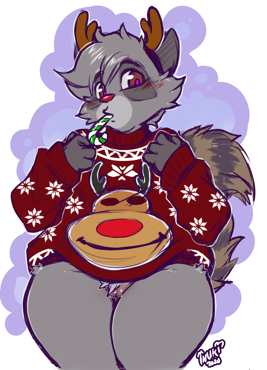 2020 anthro blush bottomless candy candy_cane christmas clothed clothing dessert fake_antlers female food fur furry_only genitals grey_body grey_fur grey_hair hair hi_res holidays inuki mammal procyonid pussy raccoon ringtail signature solo sweater thick_thighs topwear trash_inu