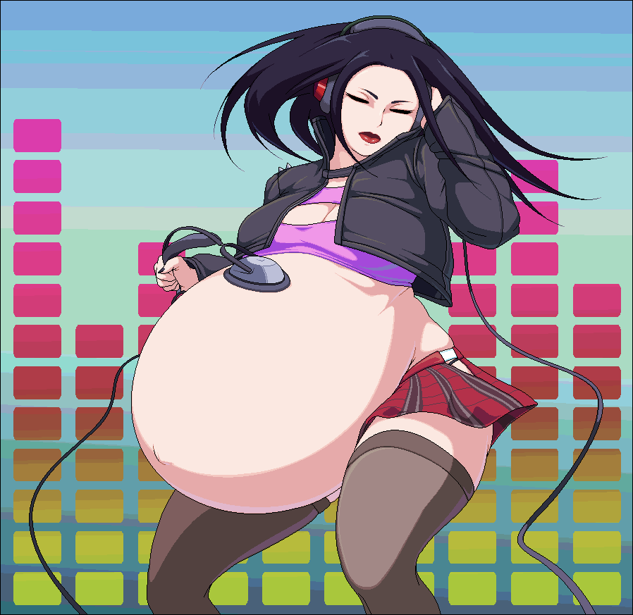 1girls black_hair cleavage closed_eyes clothed clothing headphones huge_belly maternal-reads pregnant ready_to_pop solo