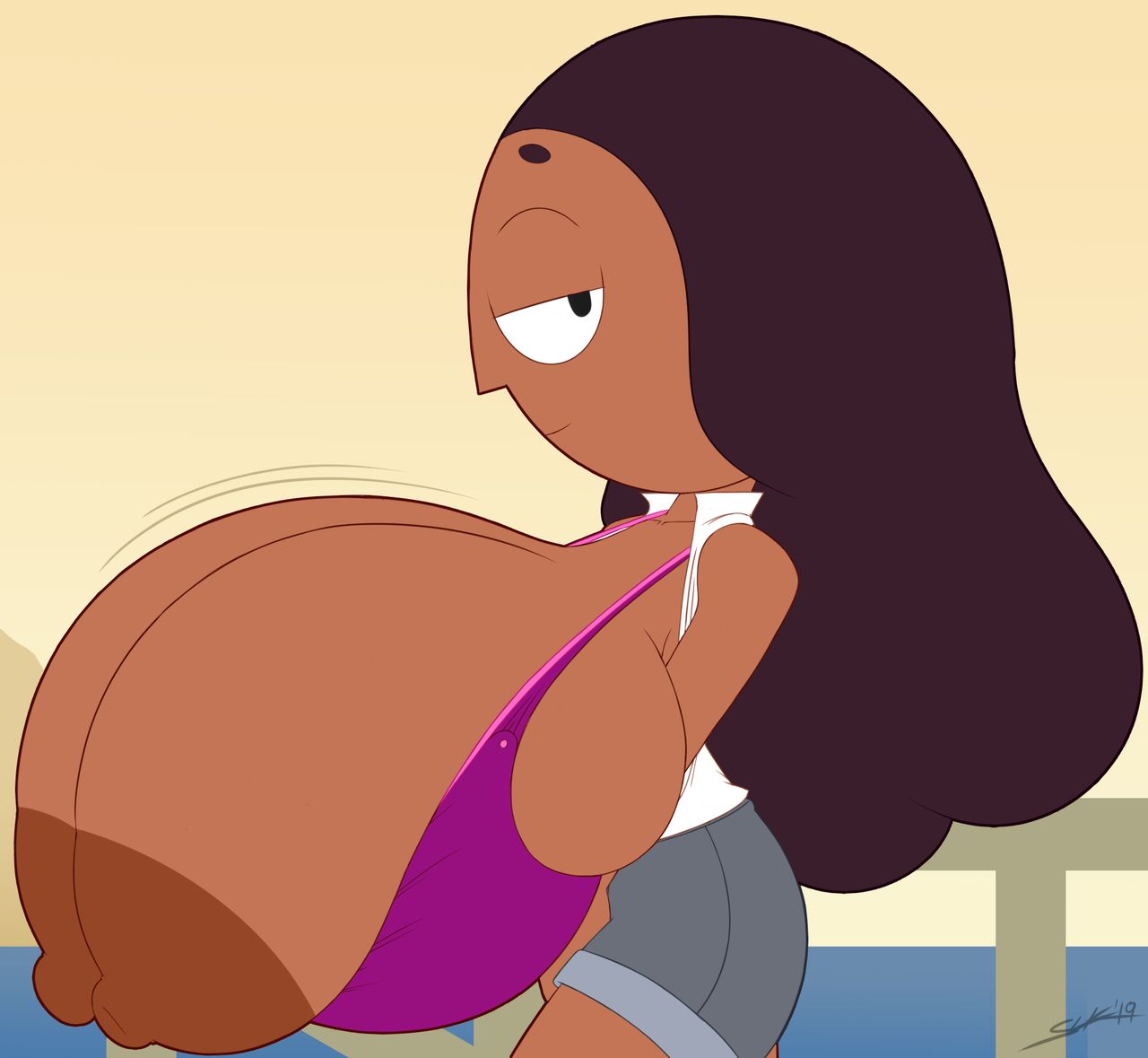 1girls bedroom_eyes black_hair breast_expansion breasts breasts_out cleavage connie_maheswaran gigantic_breasts huge_breasts large_areolae large_breasts long_hair looking_at_viewer motion_lines purple_bra shorts side_eye sideboob slickehedge solo solo_focus steven_universe unbuttoned_shirt white_shirt