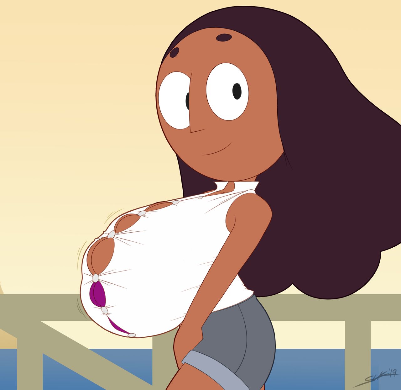 1girls black_hair breast_expansion breasts cleavage connie_maheswaran huge_breasts large_breasts long_hair looking_at_viewer purple_bra shorts slickehedge solo solo_focus steven_universe white_shirt