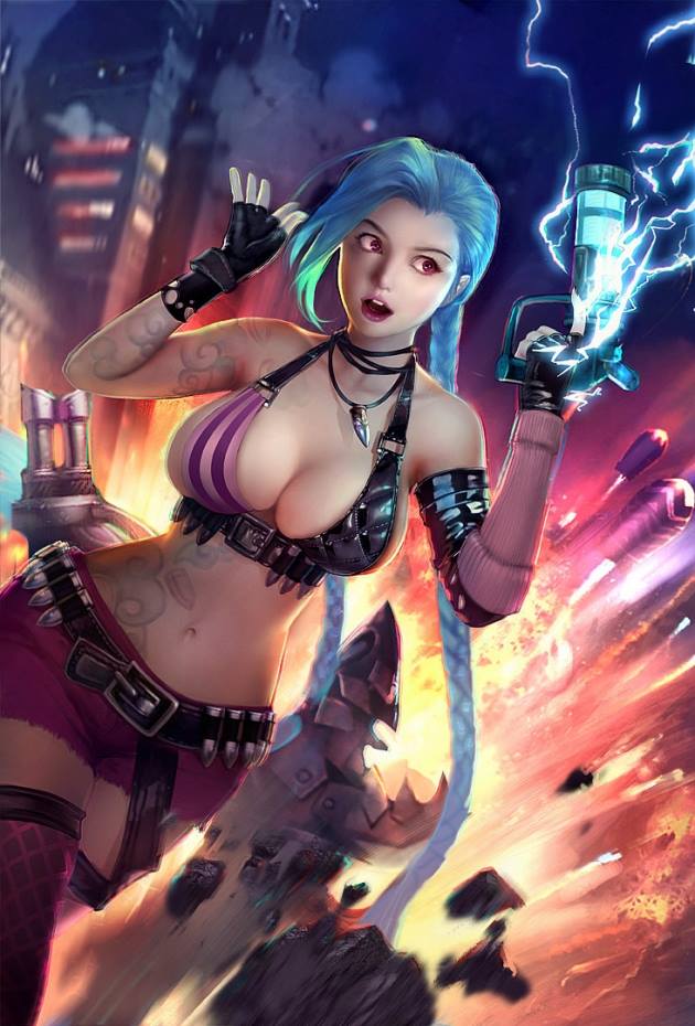 big breasts, blue hair, braided twintails, breasts, curvy, female, gun, hourglass figure, huge breasts, jinx (league of legends), league of legends, pink eyes, surprised