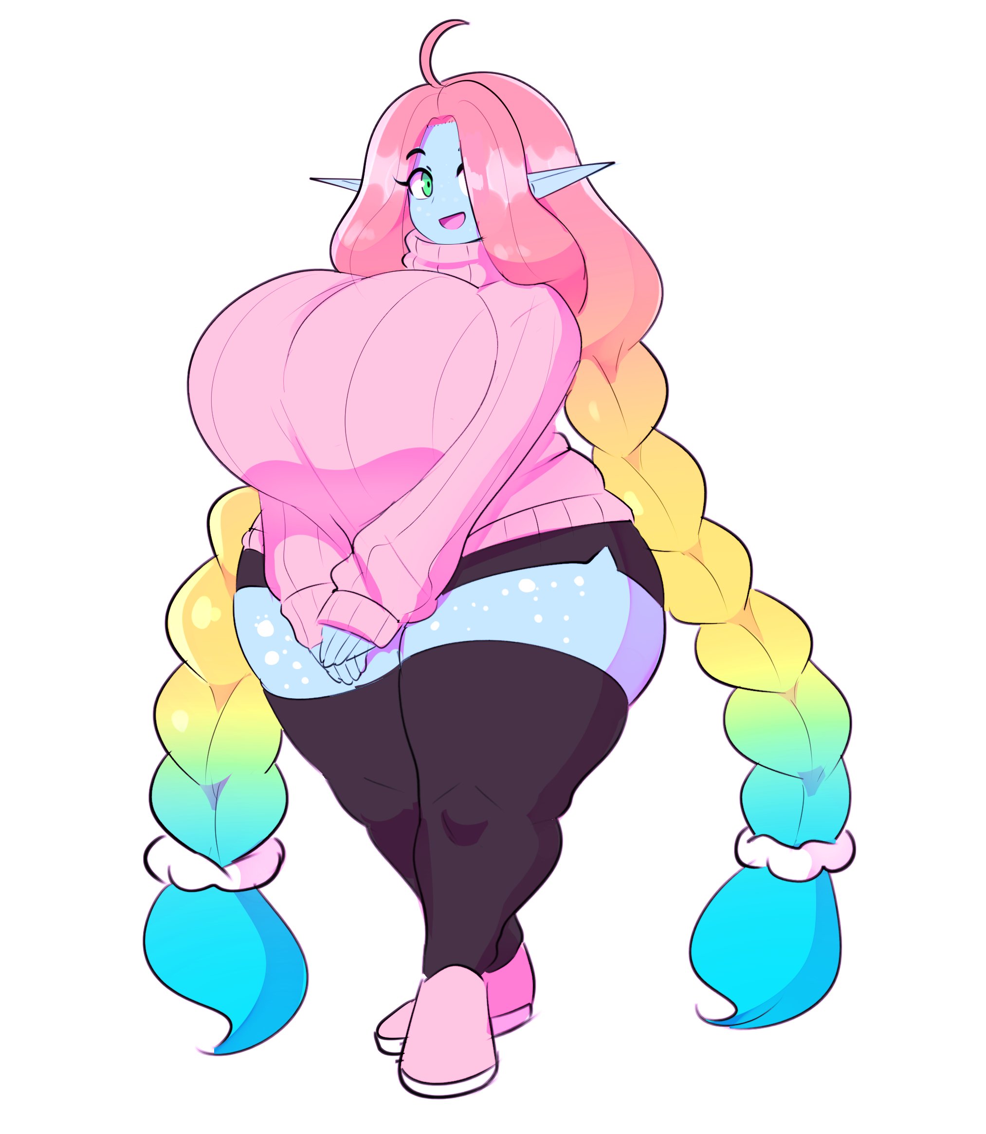 1girls, big breasts, blue skin, breasts, breasts bigger than head, cyana (p.m. seymour), elf, elf ears, elf female, female, female only, huge breasts, large breasts, long hair, looking at viewer, pointy ears, short shorts, smiling, solo, sweater, theycallhimcake, thick thighs