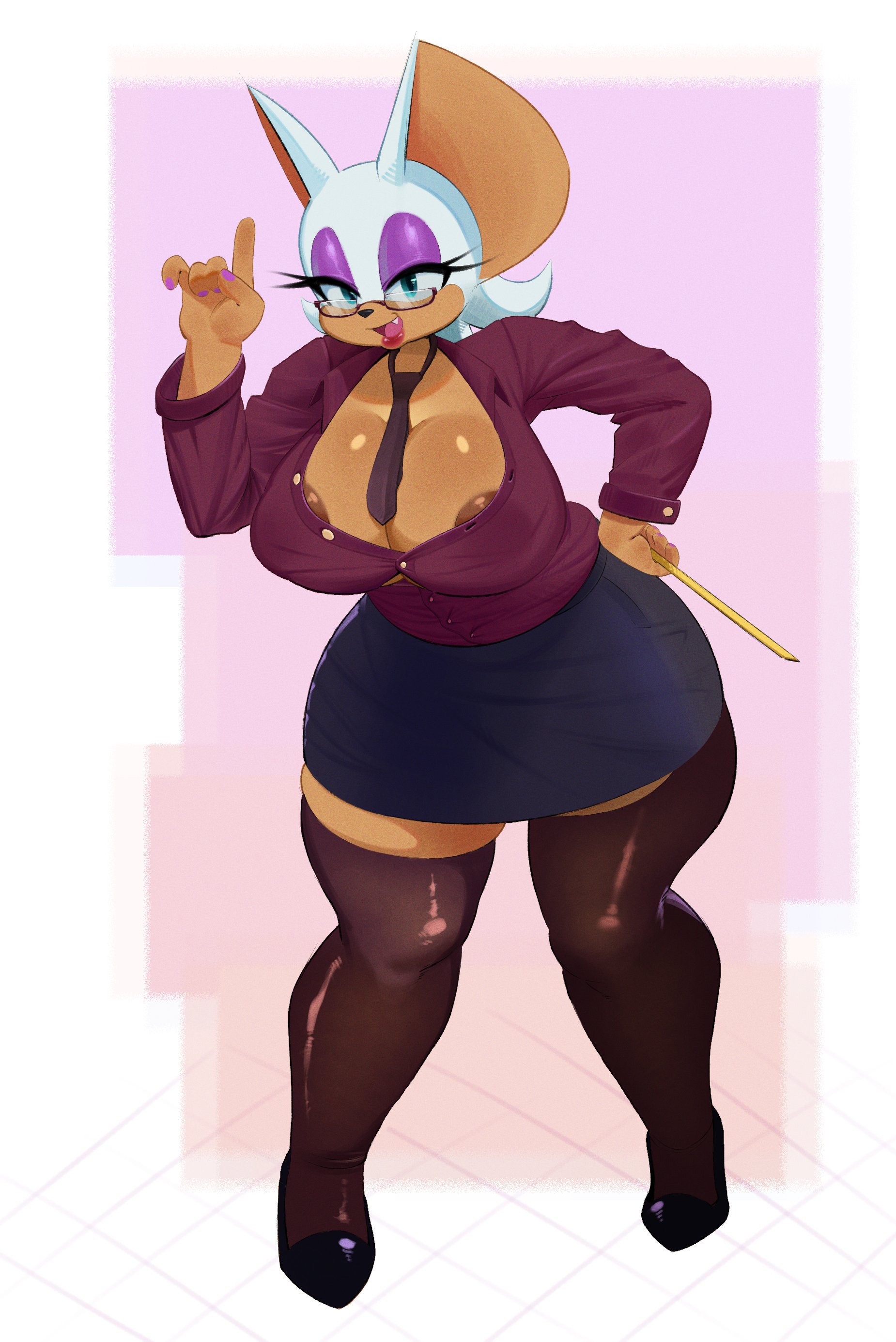 1girls, about to burst, about to pop, animal ears, anthro, areola slip, areolae, barely contained, barely contained breasts, barely fits, bat, bat ears, big breasts, bimbo, black skirt, black thighhighs, blue eyes, breasts, breasts too big, button down shirt, button gap, button up shirt, buttoned shirt, buttons, cleavage, eyeshadow, eyewear, fangs, female, female only, footwear, full body, glasses, grimy291, half-closed eyes, heels, holding object, huge breasts, imminent wardrobe malfunction, legwear, lips, nail polish, nails, necktie, neckwear, pencil skirt, purple eyeshadow, purple nail polish, purple nails, rouge the bat, ruler, shirt, skirt, solo, solo female, sonic (series), sonic the hedgehog (series), strained buttons, straining buttons, teacher, teacher outfit, thighhighs, thighs, tight fit