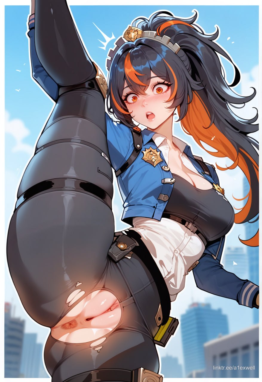 a1exwell, ai generated, anus, blush, female, police uniform, policewoman, pussy, shocked, shy, stable diffusion, standing split, torn pants, zenless zone zero, zhu yuan