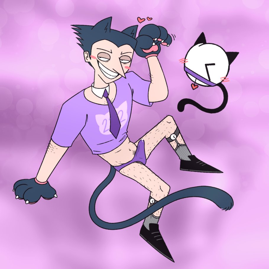 12_oz_mouse adult_swim animal_ears arm_hair blue_hair blush blush_lines body_hair cat_ears cat_paws cat_pose cat_tail catboy chest_hair choker clock clothed collar constricted_pupils creature_and_personification crop_top dark_hair detached_collar erect_penis erection erection_under_clothes grey_socks grin grinning half-closed_eyes heart heart_choker heart_collar hearts humanoid industry_man kemonomimi kemonomimi_mode leg_garter leg_hair light-skinned_male light_skin looking_at_viewer male_only naughty_face number precum pubes pubic_hair purple_background purple_choker purple_collar purple_shirt purple_underwear sewergnats shapeshifter simple_background sitting socks striped_legwear striped_socks tie toony