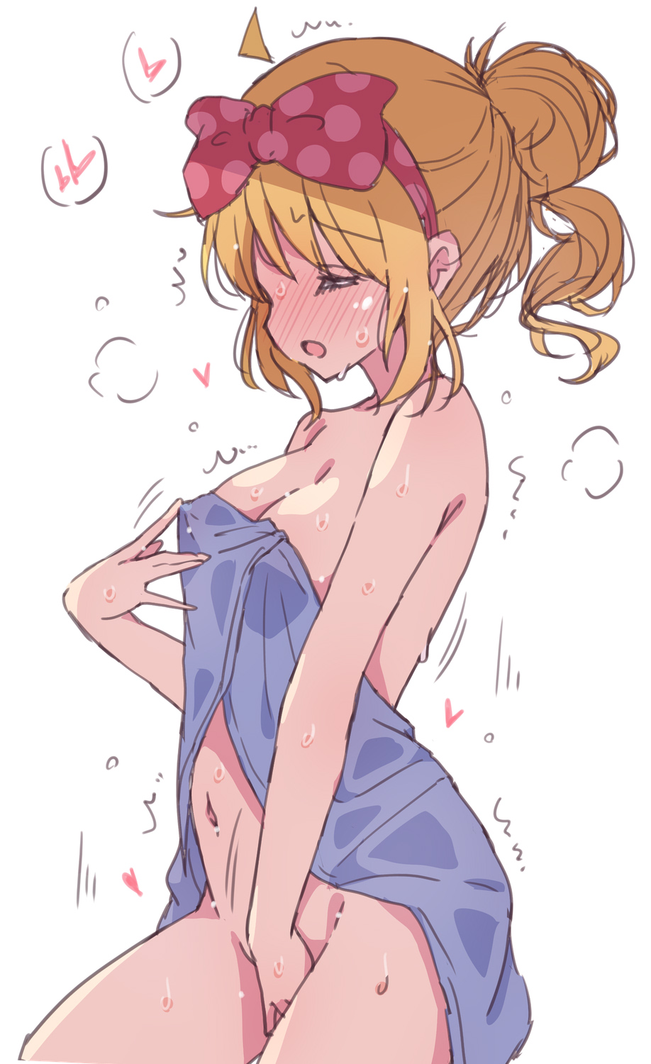 1girls ahoge blonde_hair blue_towel blush bocchi_the_rock! breasts closed_eyes covered_nipples female female_masturbation female_only heart highres ijichi_nijika long_hair masturbation mel_(melty_pot) naked_towel navel nipple_stimulation open_mouth self_fondle simple_background small_breasts solo towel wet wet_hair white_background