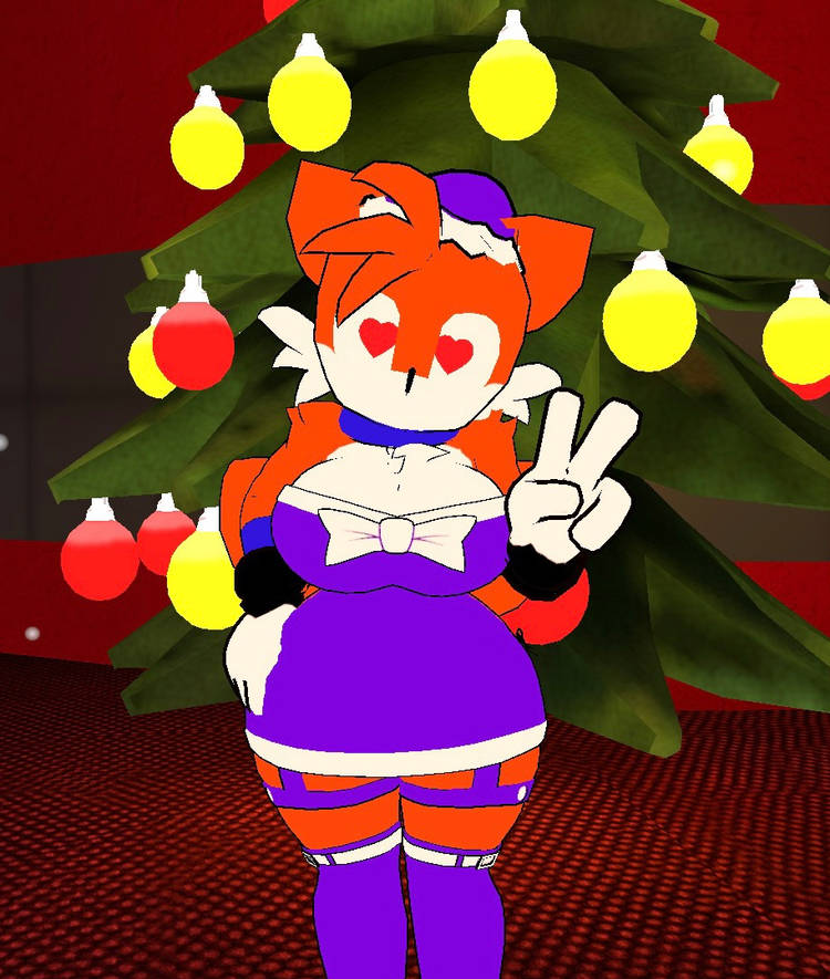 1girls bowtie christmas christmas_clothing christmas_outfit christmas_tree female female_only fox fox_girl friday_night_funkin friday_night_funkin_mod hand_on_hip headgear luther_(needlemouse) needlemouse_(series) peace_sign