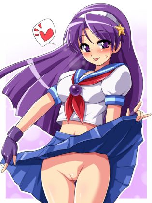 1girls :p athena_asamiya blue_skirt cute female female_only fingerless_gloves gradient_background idol king_of_fighters konpeto looking_at_viewer no_panties playful psycho_soldier purple_hair pussy pussy_peek school_uniform schoolgirl seifuku serafuku skirt_lift snk solo speech_bubble spoken_heart upskirt