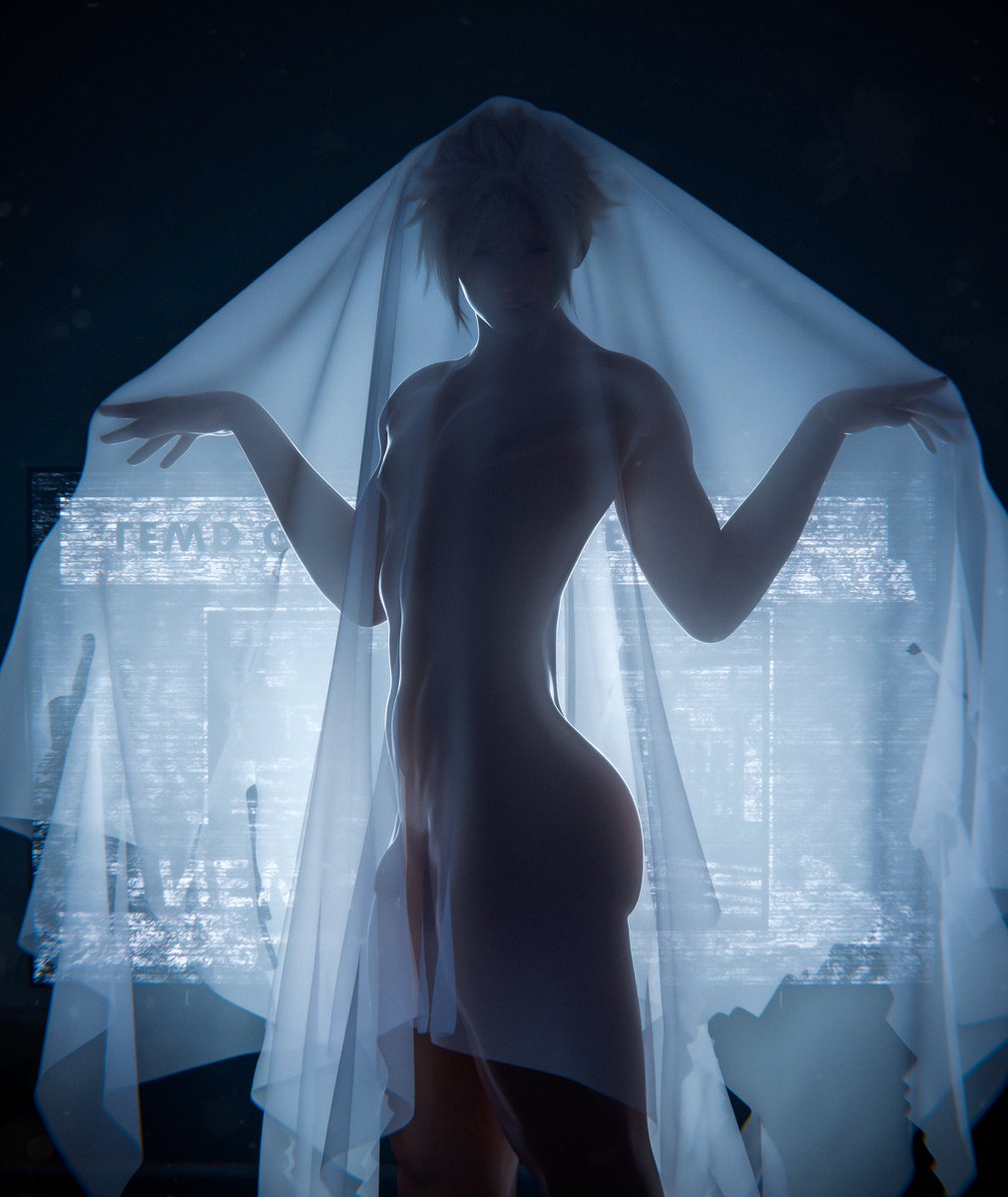 1boy, 3d, 3d (artwork), blonde hair, cloud strife, femboy, feminine male, final fantasy, final fantasy vii, final fantasy vii remake, flaccid, flaccid penis, functionally nude, ghost costume, male, male only, penis, solo, solo male, spiked hair, square enix, trist ava, under covers, white skin