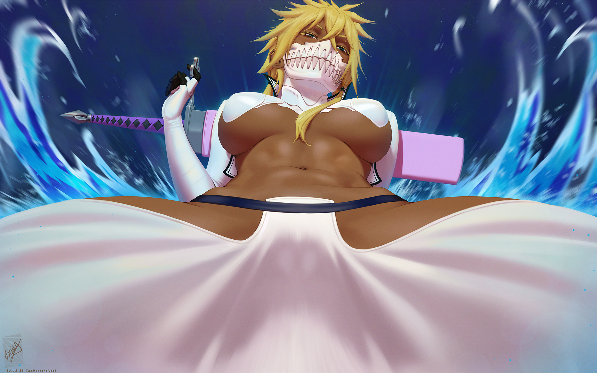 1girls, 2024, bleach, blonde hair, breasts, breasts out, cameltoe, covered nipples, dark skin, dark-skinned female, female, gloves, green eyes, jacket, long gloves, long sleeves, looking at viewer, looking down, mask, masked female, open jacket, pussy, short hair, sword, themaestronoob, tia harribel, underboob, water