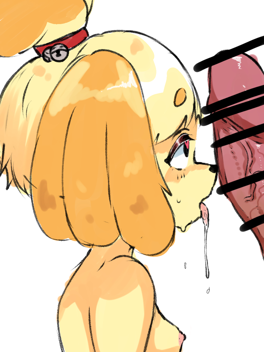 animal_crossing anthro bodily_fluids breasts canid canine canis censored domestic_dog drooling duo female floppy_ears heart_eyes heart_symbol hi_res imminent_fellatio imminent_oral isabelle_(animal_crossing) keminoai_omi male male/female mammal nintendo nipples saliva shih_tzu toy_dog