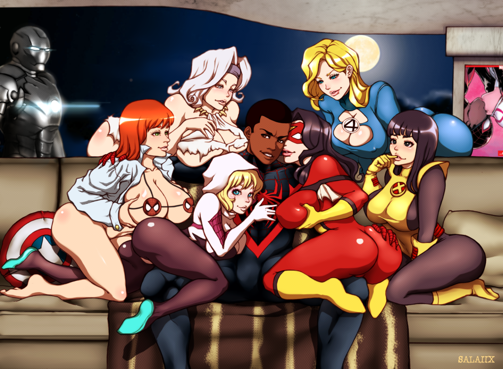 2boys 6girls all_fours armor_(x-men) ass ass_grab barefoot bikini black_hair black_male blonde_hair blue_eyes bodysuit boots breasts cleavage cleavage_cutout cutout dark-skinned_male dark_skin dress fantastic_four gloves gwen_stacy hairband hand_on_ass harem headband hips jessica_drew legs light-skinned_female long_hair marvel marvel_comics mary_jane_watson mask mask_removed miles_morales multiple_girls netorare pimp salaiix short_hair sideboob silver_sable spider-gwen spider-man:_across_the_spider-verse spider-man:_into_the_spider-verse spider-man_(series) spider-woman spread_legs sue_storm superhero superhero_costume superheroine swimsuit thighhighs thighs toes torn_clothes villain war_machine white_hair x-men