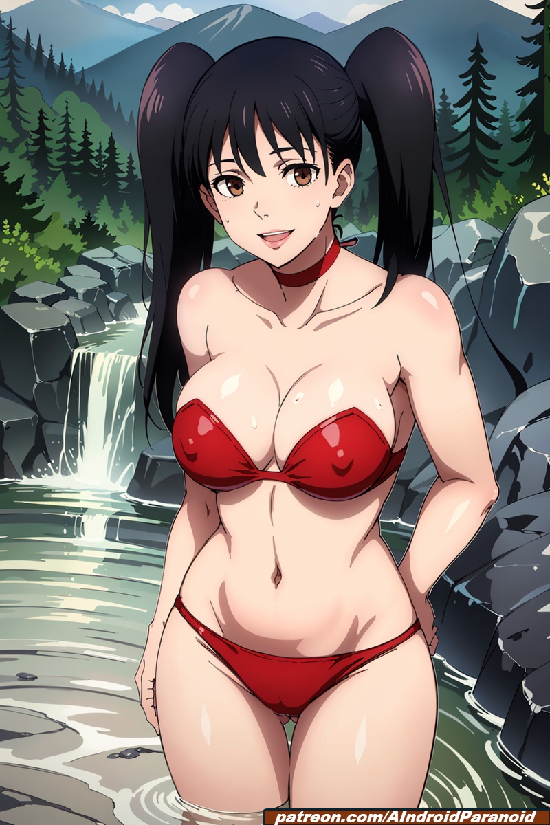 1girls ai_generated aindroidparanoid big_breasts bikini black_hair breasts brown_eyes cameltoe covered_nipples female female_only jujutsu_kaisen large_breasts nipples nobuko_takada river solo stable_diffusion swim twintails water wet