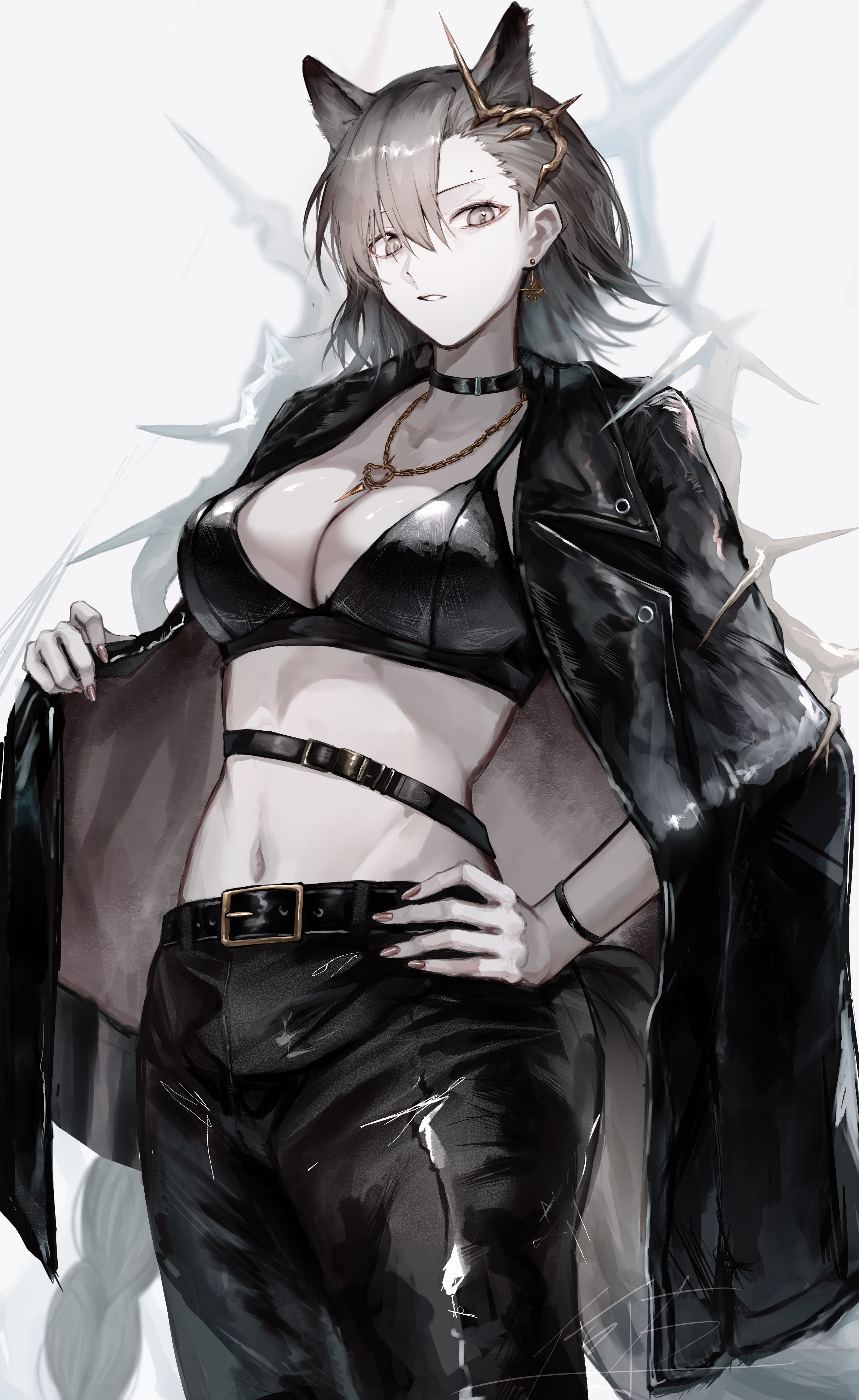 1girls, animal ears, arknights, bra, donata (donatasama), female, female only, hi res, leather clothing, multi ear, penance (arknights)