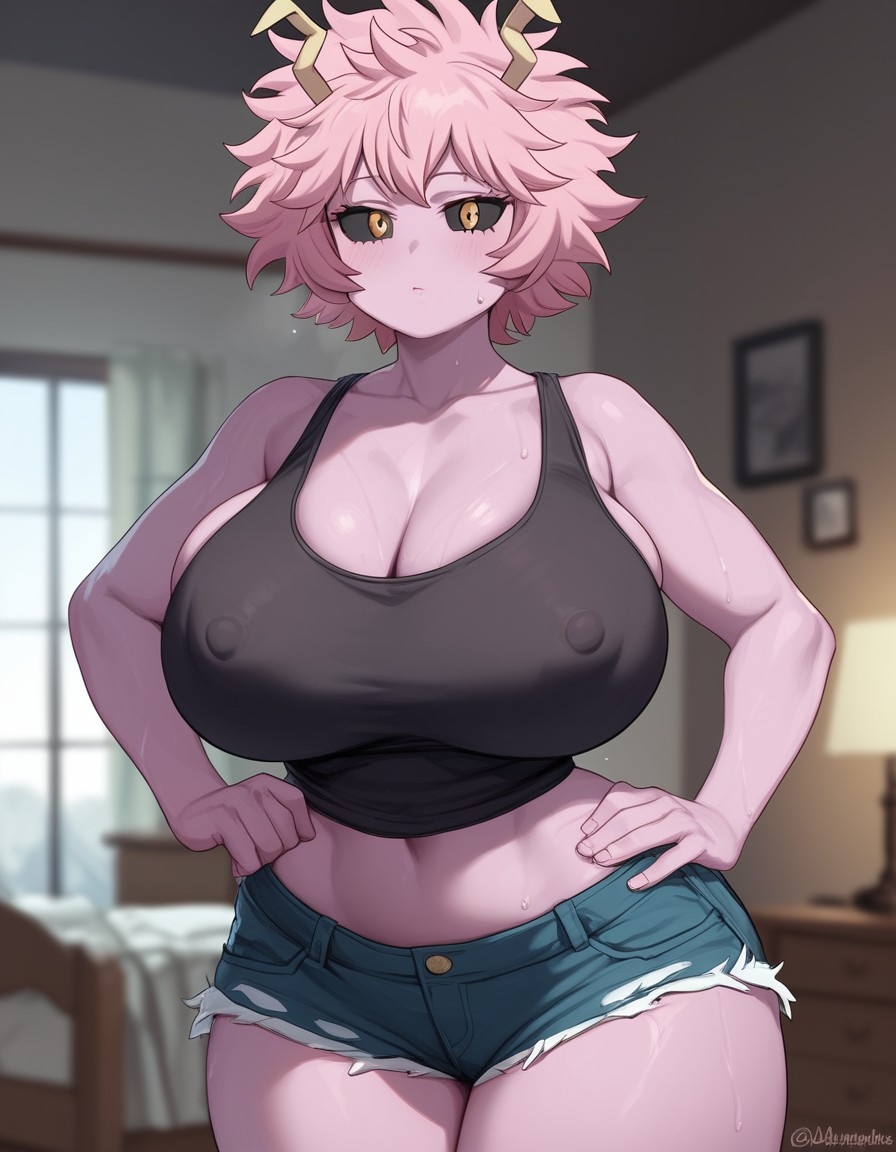 1girls, ai generated, alternate breast size, bedroom, big breasts, black sclera, boku no hero academia, breasts, busty, cleavage, female, female only, hands on hips, horns, huge breasts, looking at viewer, mina ashido, my hero academia, nipple bulge, pink body, pink hair, shorts, solo, sweating, tank top, thick thighs, voluptuous, voluptuous female, wide hips