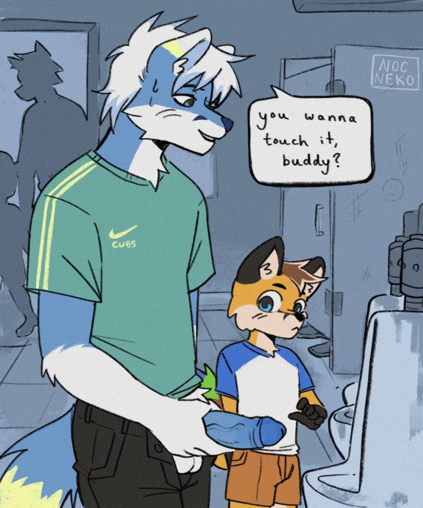 2boys age_difference anthro bathroom cub fox imminent_sex nocneko penis teasing urinal wolf young