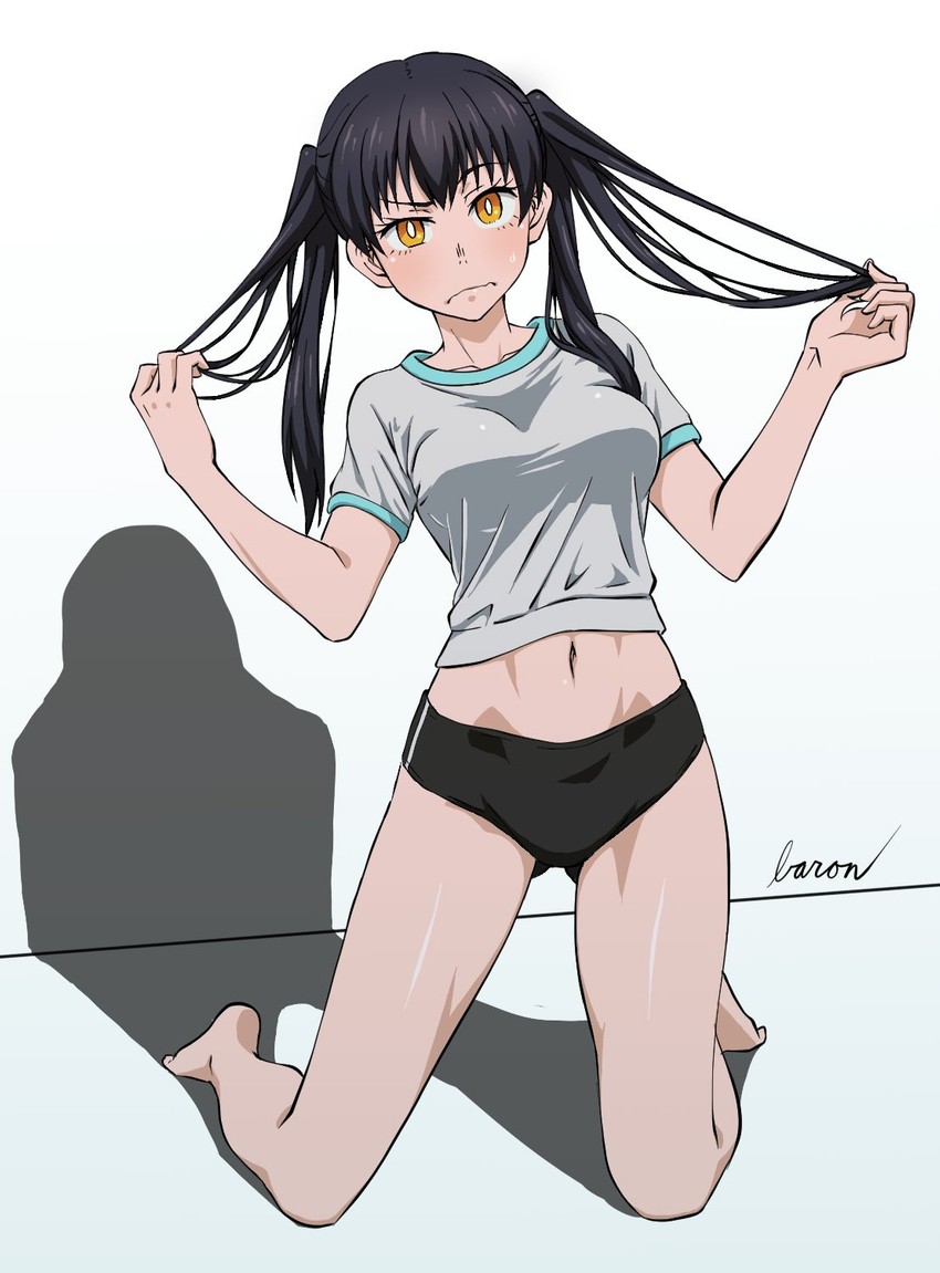 adult_swim bare_arms bare_belly bare_legs bare_thighs barefoot belly_button black_hair black_shorts blush breasts buruma closed_mouth collarbone enen_no_shouboutai feet kotatsu_tamaki long_hair medium_breasts on_knees shiny_skin shirt shorts thighs toonami twintails varon666 yellow_eyes