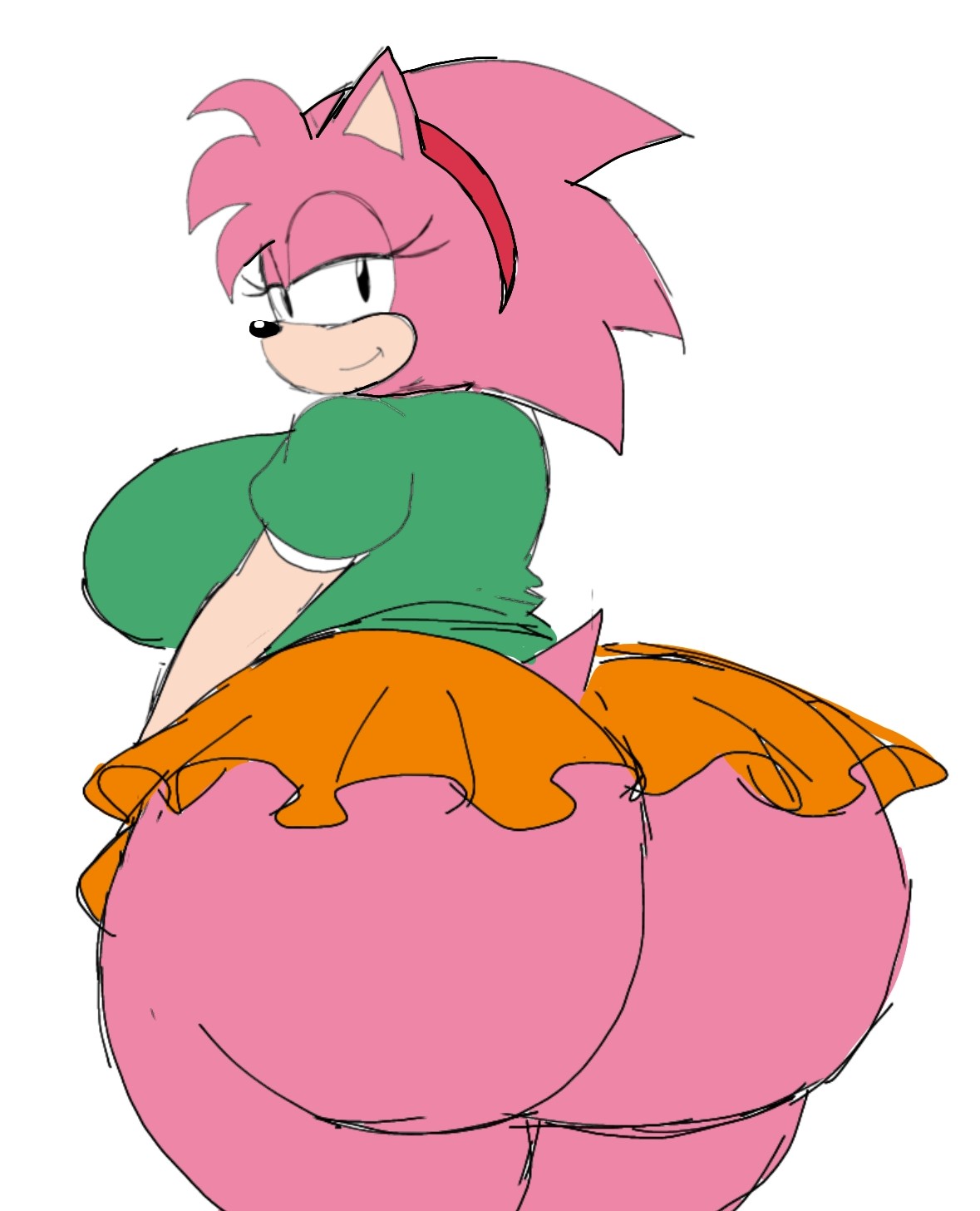 1girls 2d amy_rose ass_bigger_than_head ass_focus big_ass big_butt busty classic_amy_rose eyelashes female female_only flat_colors looking_at_viewer mobian_(species) momiji_(artist) narrowed_eyes sega simple_background skirt smirk sonic_(series) sonic_cd sonic_the_hedgehog_(series) tagme white_background