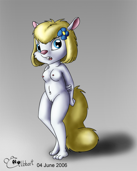 2006 animaniacs anthro barefoot blue_eyes breasts color female female_only flower fur furry furry_breasts furry_ears furry_tail gilbhart grey_background hair looking_at_viewer minerva_mink mink navel nipples nude open_eyes open_mouth pink_nose short_hair solo standing tail vulva white_fur