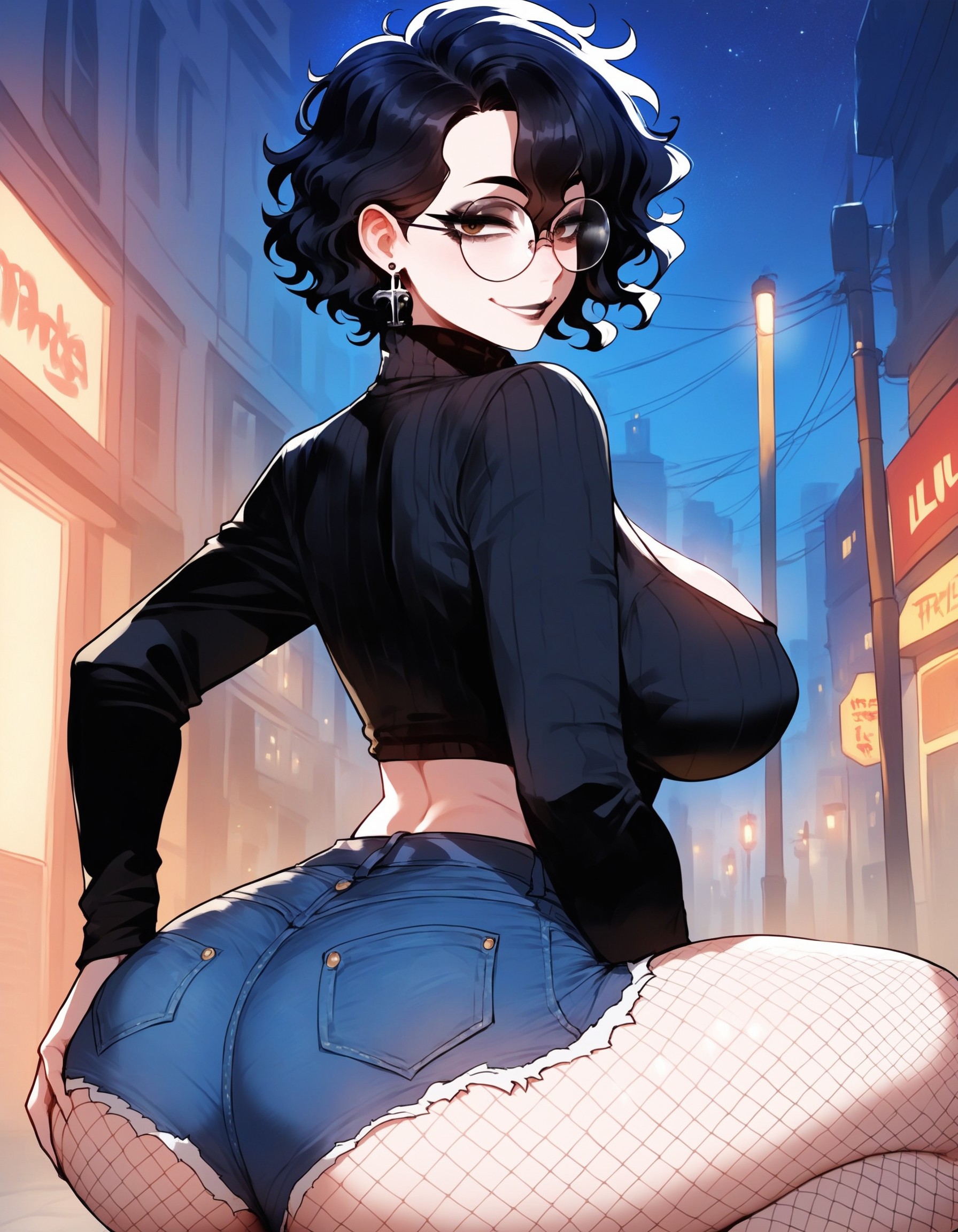 1girls, ai generated, artstyle imitation, ass, big breasts, black hair, breasts, brown eyes, choker, eyelashes, eyeshadow, female, fishnets, glasses, goth, goth girl, gothic, huge breasts, light skin, light-skinned female, messy, messy hair, naughty, naughty face, nerd, night, night sky, olie, original, pale skin, pale-skinned female, round glasses, short hair, thick ass, thick legs, thick lips, thick thighs, thighs, wavy hair, xandr