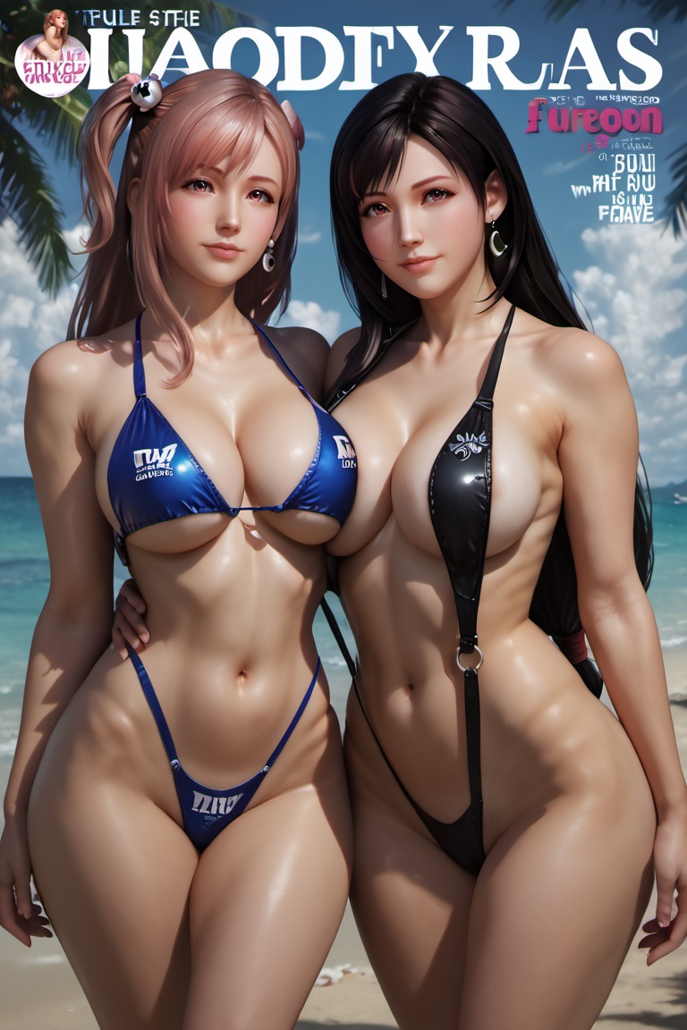 ai generated, beach, breasts, crossover, dead or alive, female, final fantasy, final fantasy vii, final fantasy vii remake, honoka (doa), looking at viewer, magazine cover, navel, rekcah mhf, slingshot swimsuit, tifa lockhart