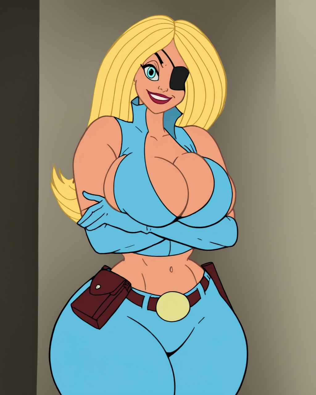 ai_generated big_ass blonde_hair blue_eyes borednlonely cleavage curvy eyepatch hourglass_figure large_breasts suzi-x thick_thighs wide_hips